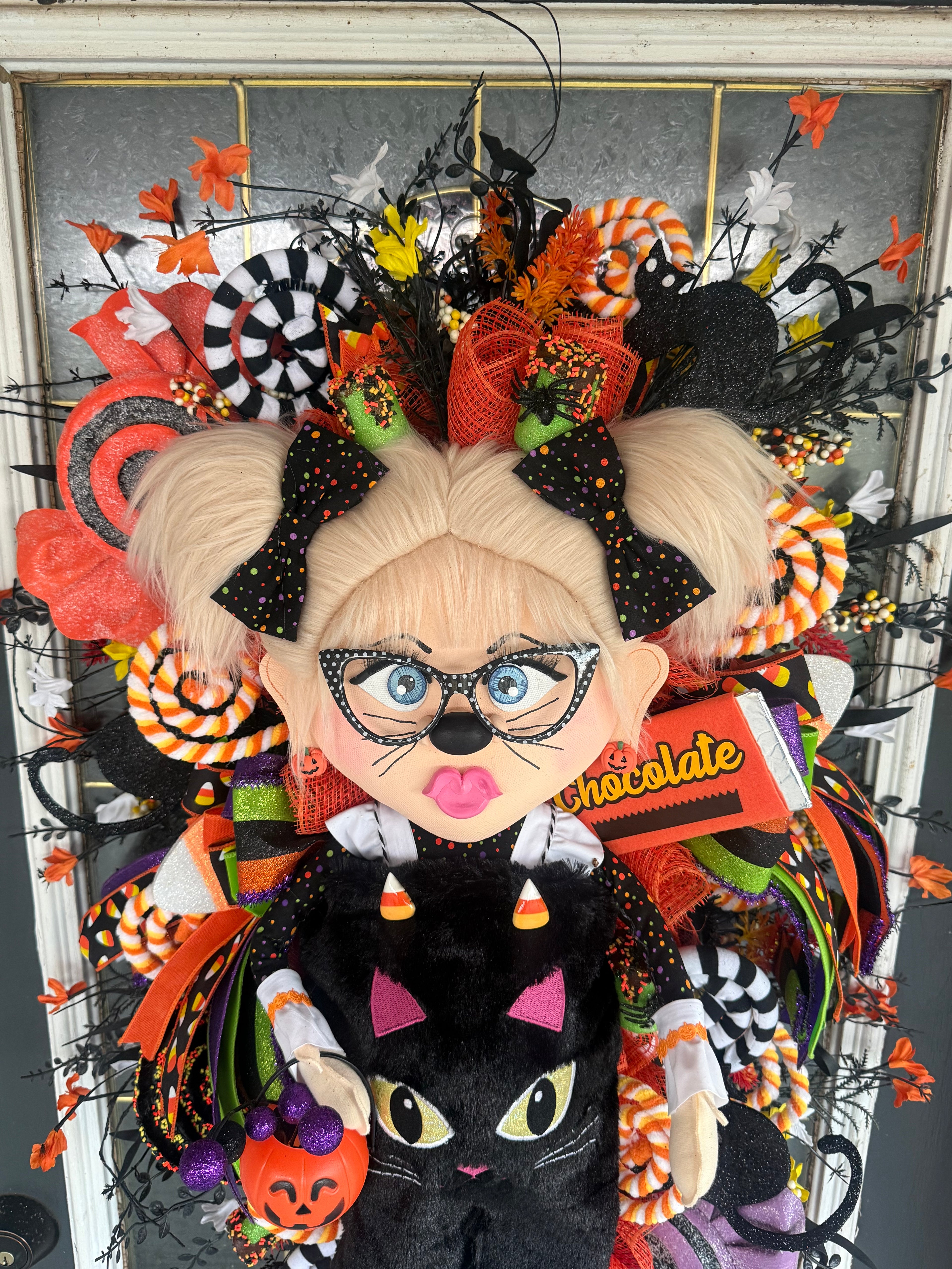 7. Lil Miss Meow Halloween Wreath | Black Cat Trick-or-Treater Door Hanger | Whimsical Candy Decor