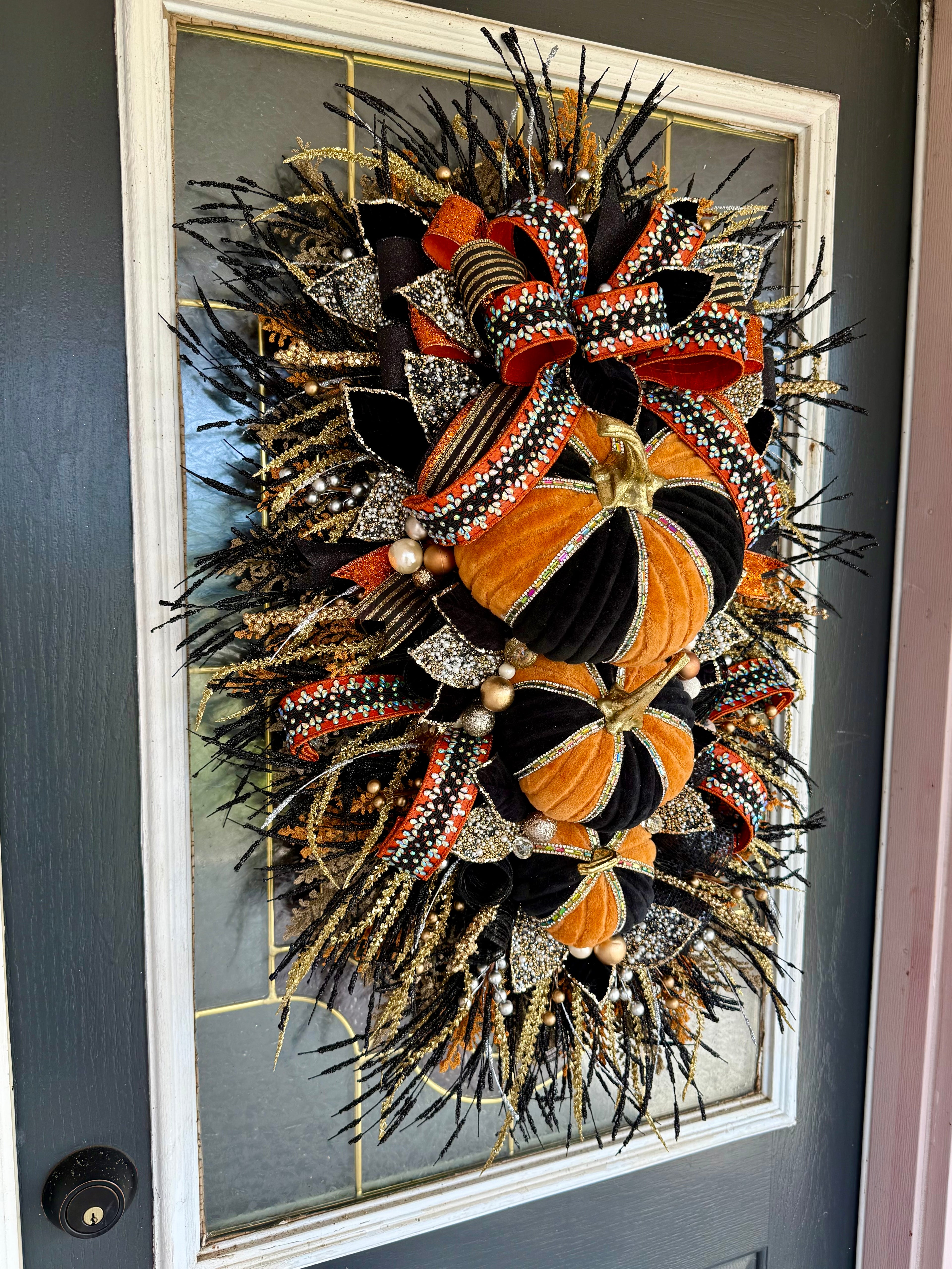 15. Luxury Black & Orange Halloween Door Swag – Handmade Halloween Wreath Alternative
