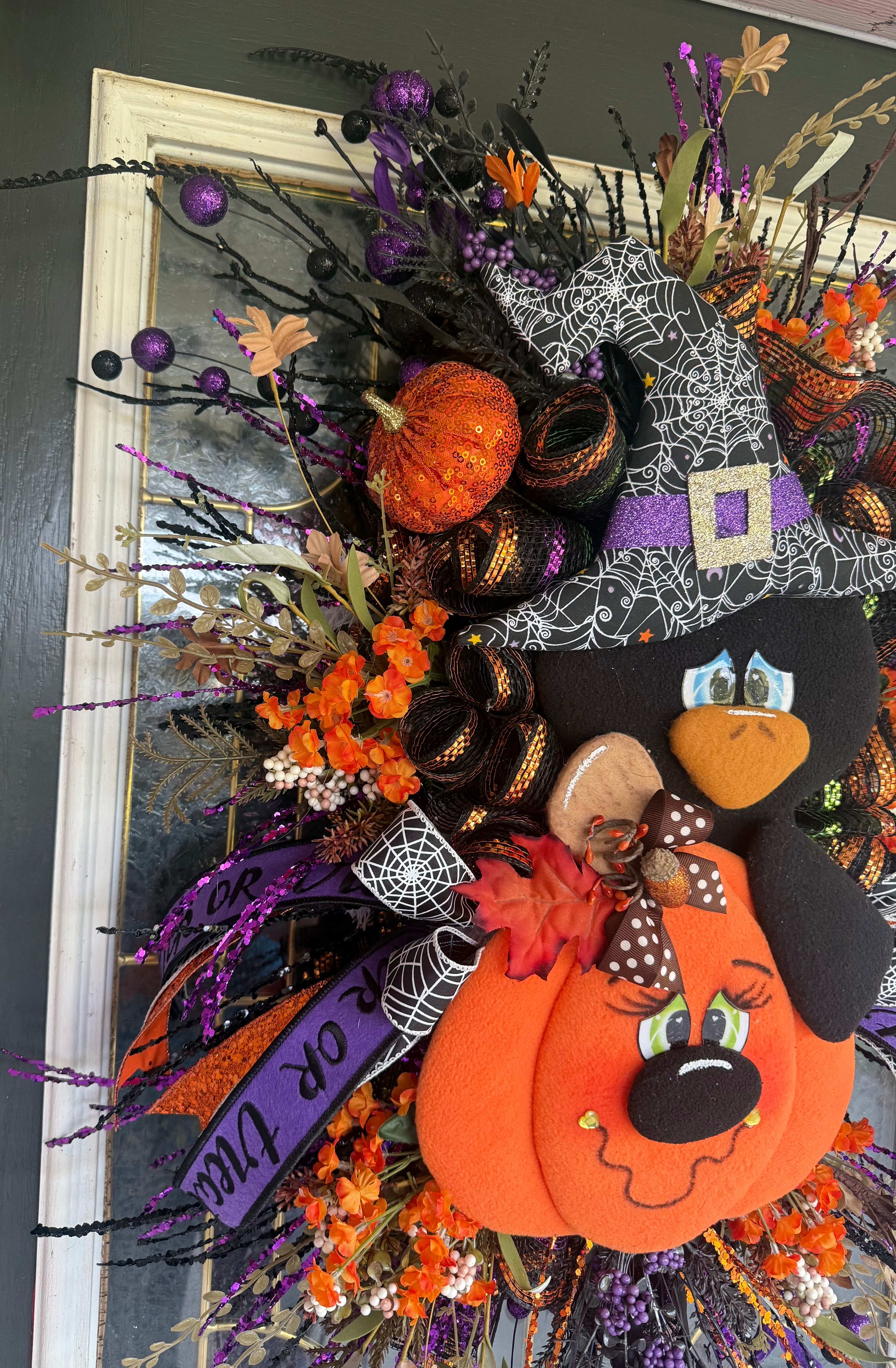 Halloween Crow & Pumpkin Luxury Swag – Whimsical Witch Hat Door Hanger – Handmade Falloween Front Door Decor
