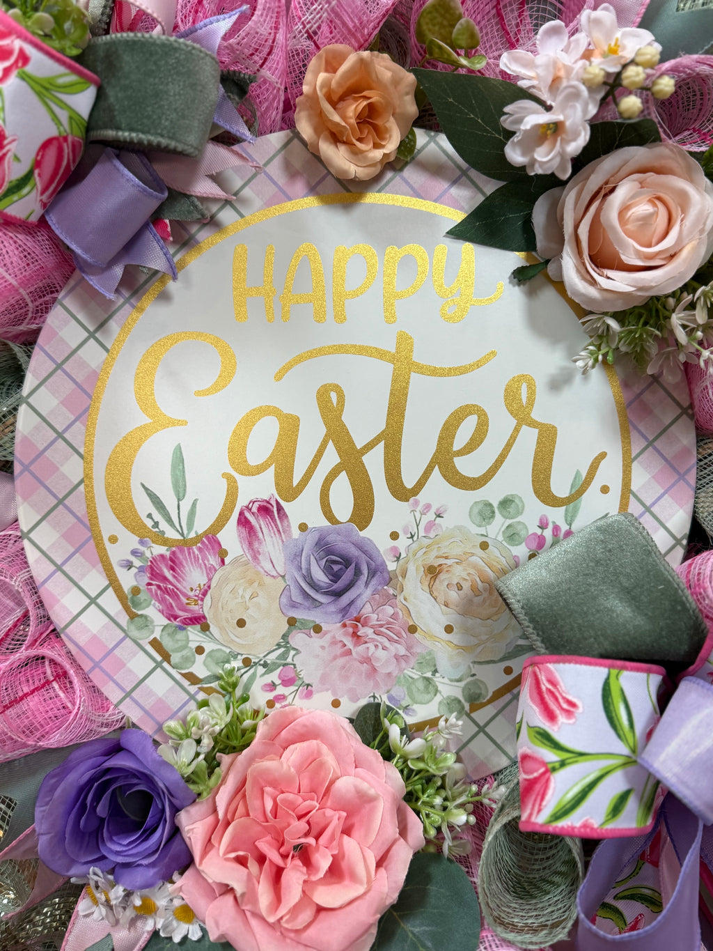 Happy Easter Spring Wreath – Pastel Easter Door Wreath – Pink Spring Front Door Decor – Farmhouse Easter Wreath – Large Easter Wreath