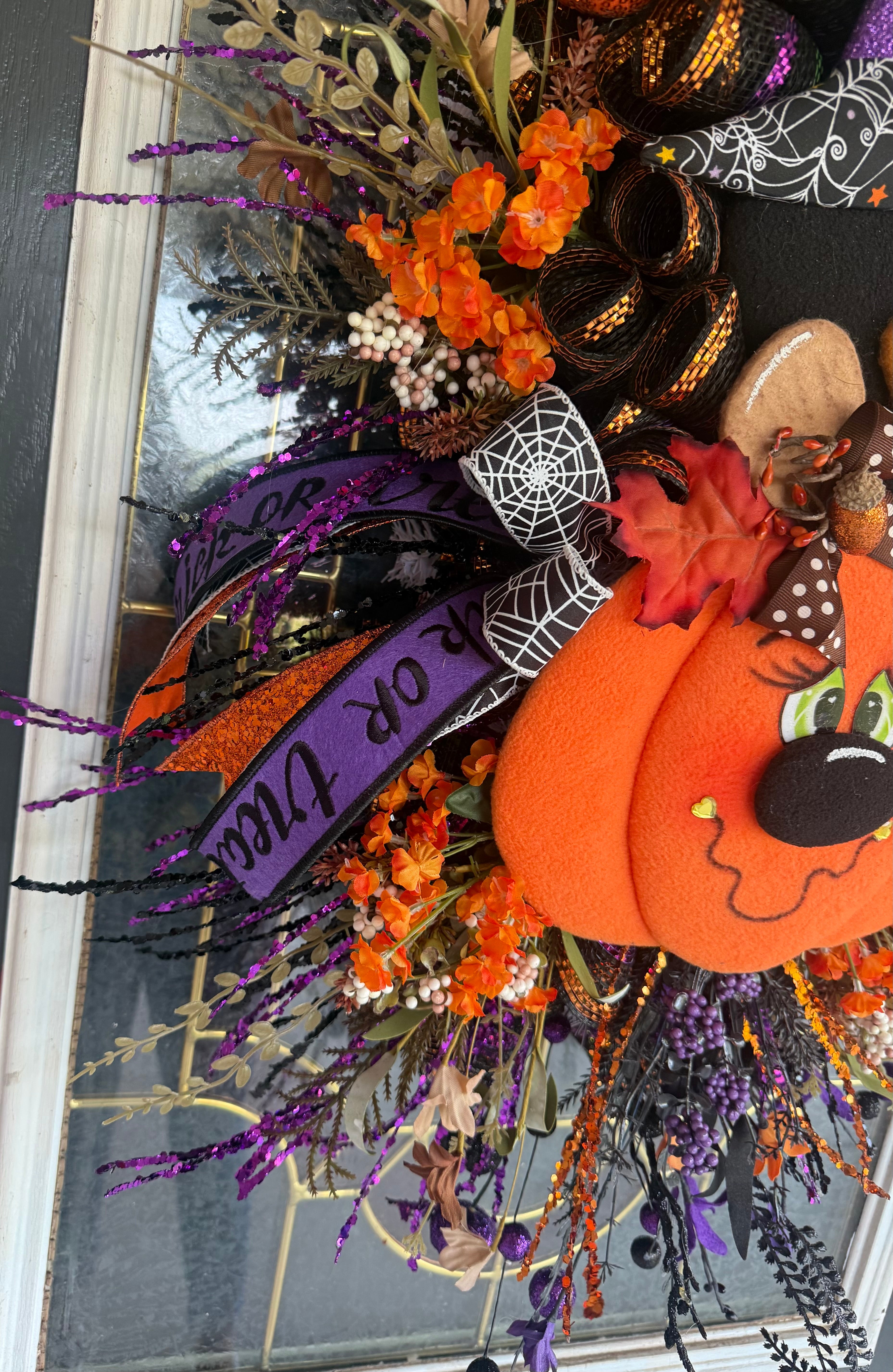 Halloween Crow & Pumpkin Luxury Swag – Whimsical Witch Hat Door Hanger – Handmade Falloween Front Door Decor
