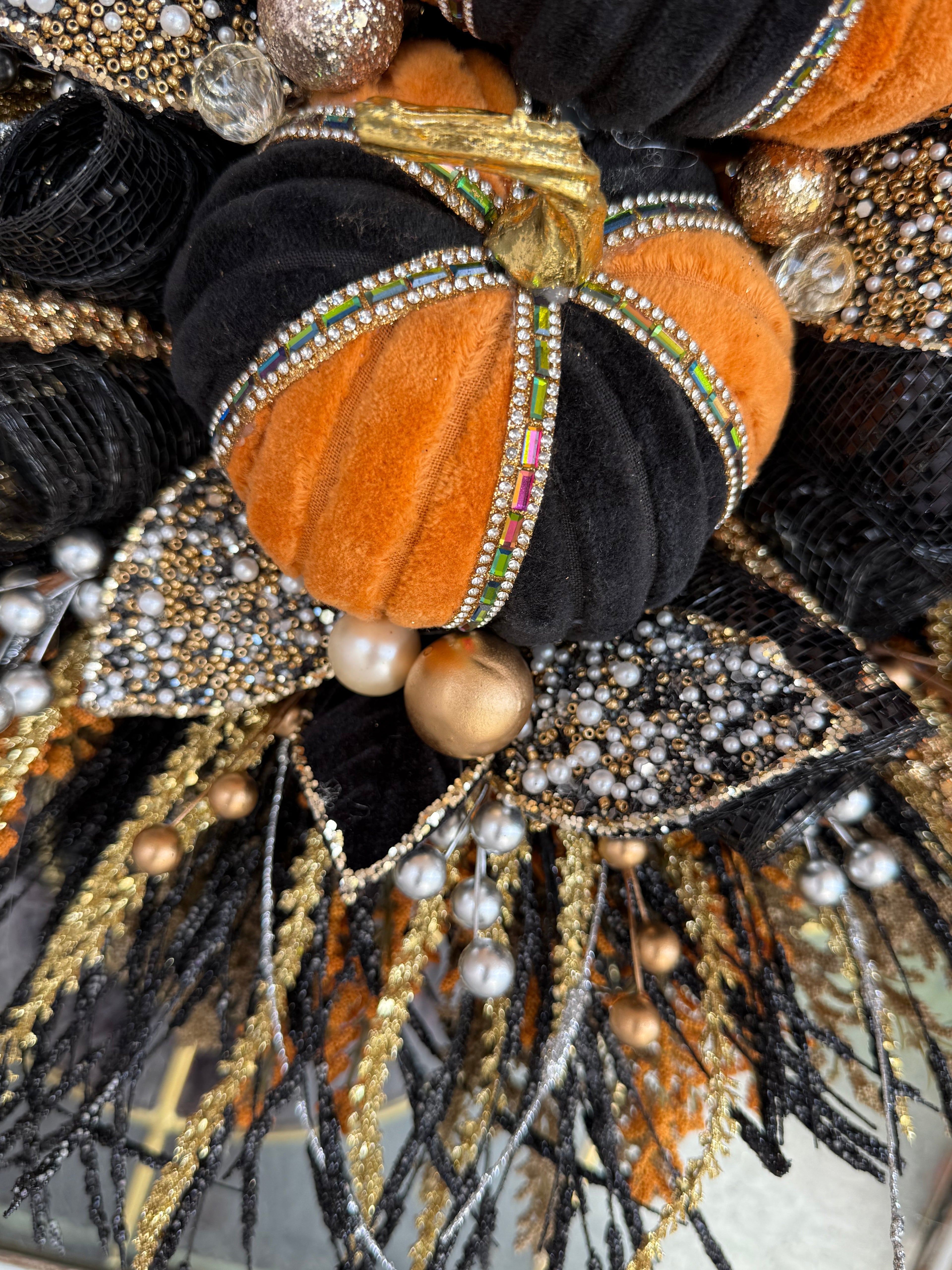 15. Luxury Black & Orange Halloween Door Swag – Handmade Halloween Wreath Alternative