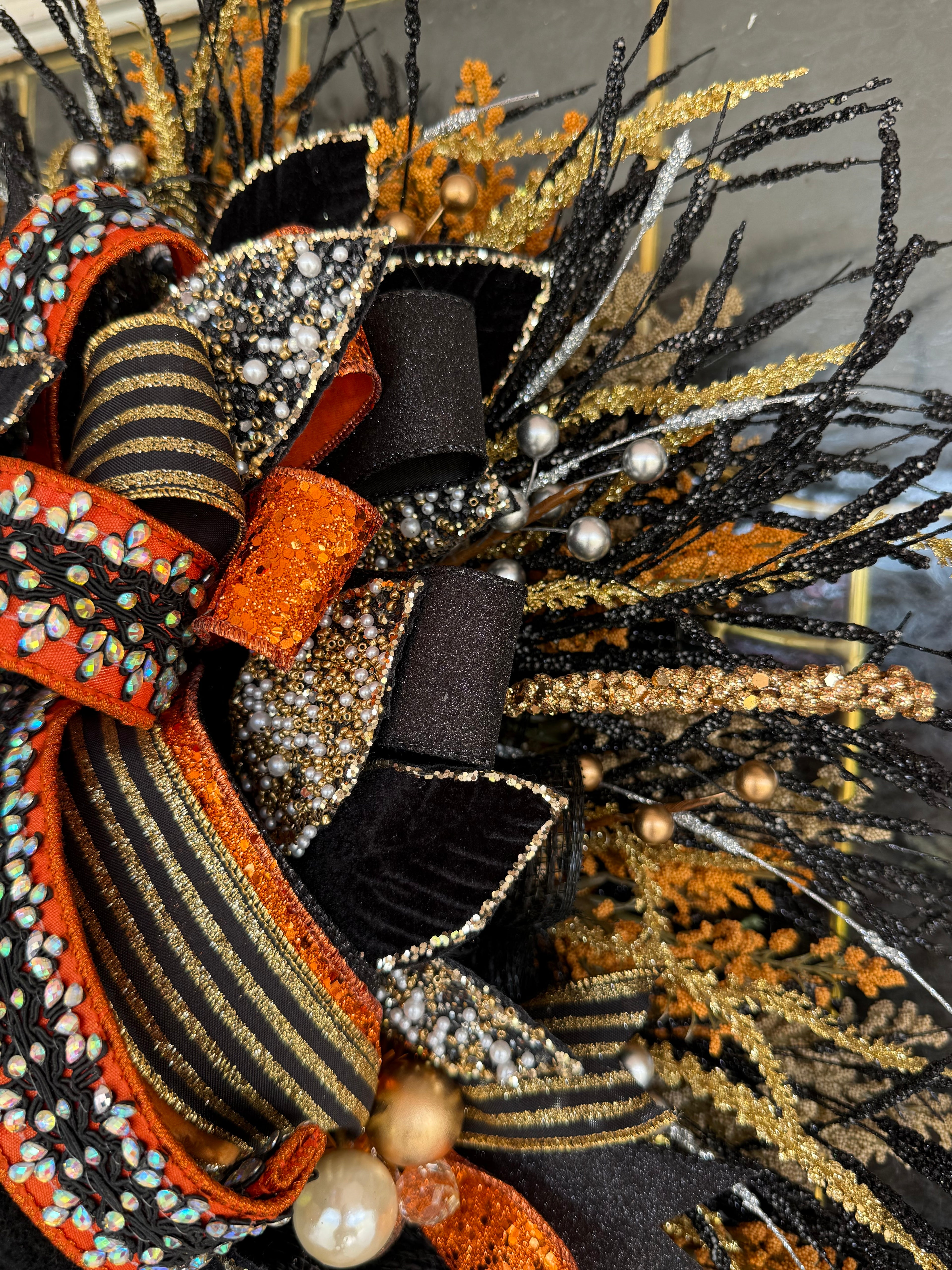 15. Luxury Black & Orange Halloween Door Swag – Handmade Halloween Wreath Alternative
