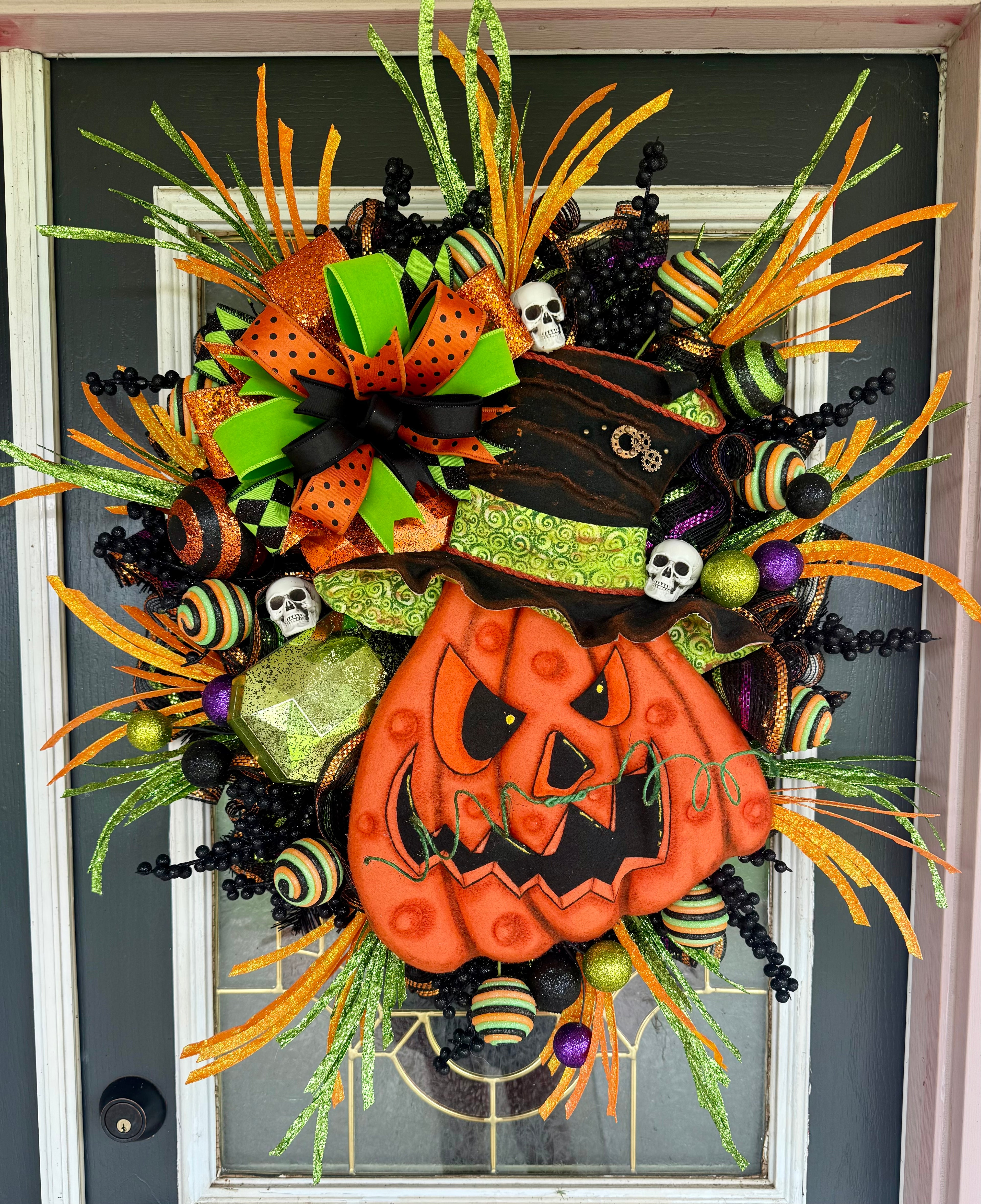 Luxury Halloween Jack-O’-Lantern Wreath | One-of-a-Kind Handmade Front Door Decor | Oversized Pumpkin | Spooky Fall Decor