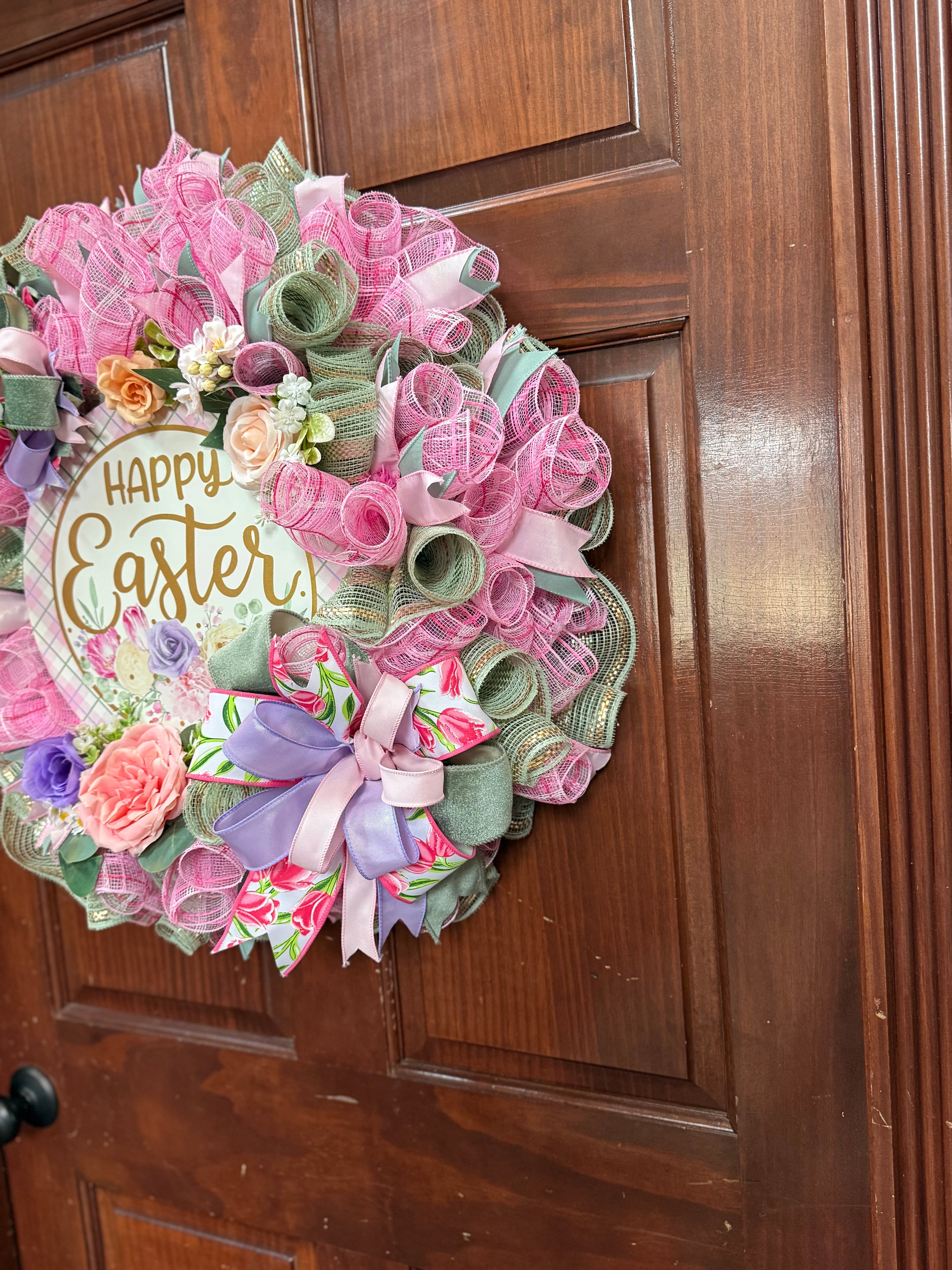 Happy Easter Spring Wreath – Pastel Easter Door Wreath – Pink Spring Front Door Decor – Farmhouse Easter Wreath – Large Easter Wreath