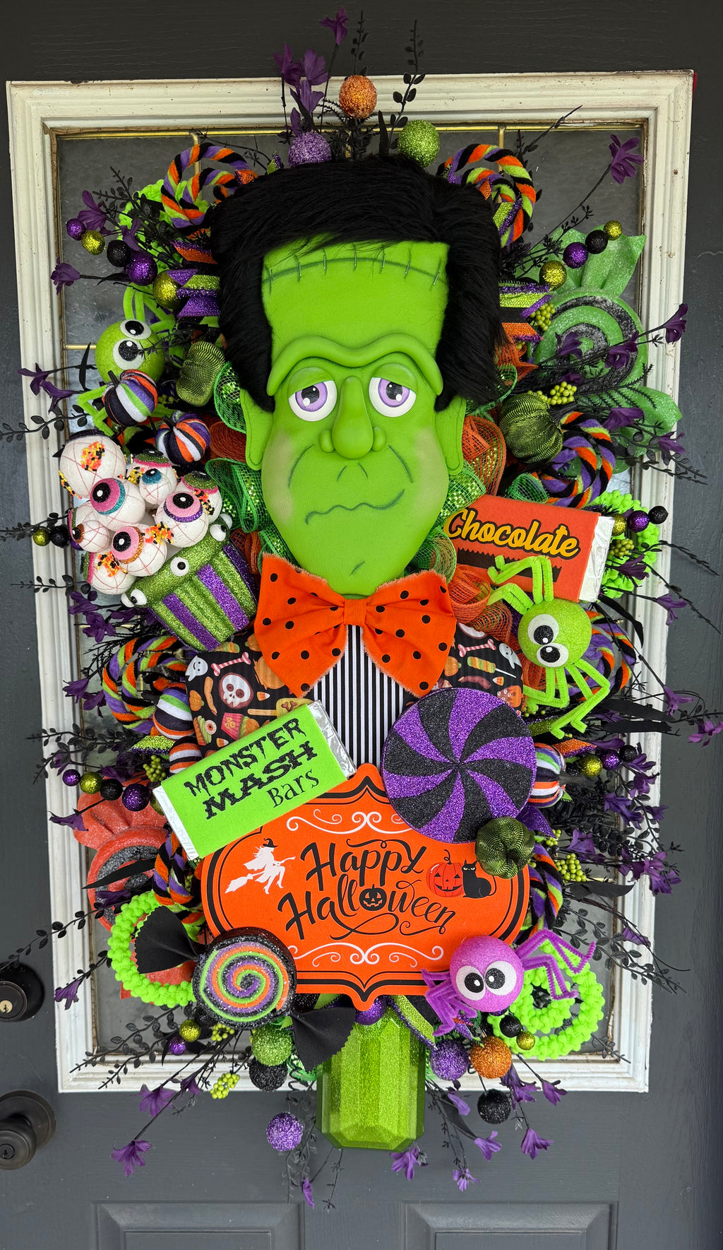 Luxury Frankenstein Halloween Door Hanger | Whimsical Candy Monster Mesh Wreath | One-of-a-Kind Halloween Decor