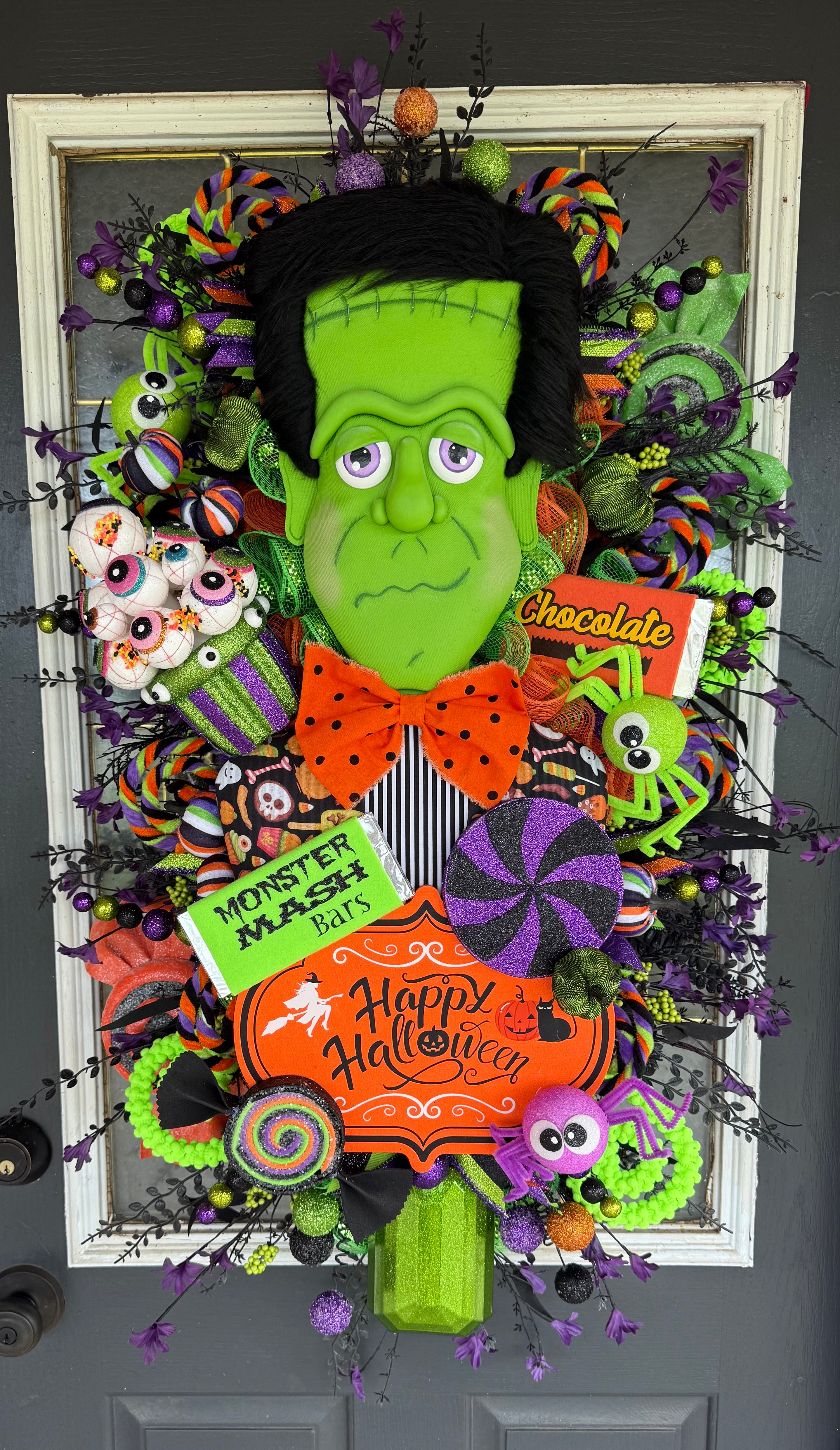 Luxury Frankenstein Halloween Door Hanger | Whimsical Candy Monster Mesh Wreath | One-of-a-Kind Halloween Decor