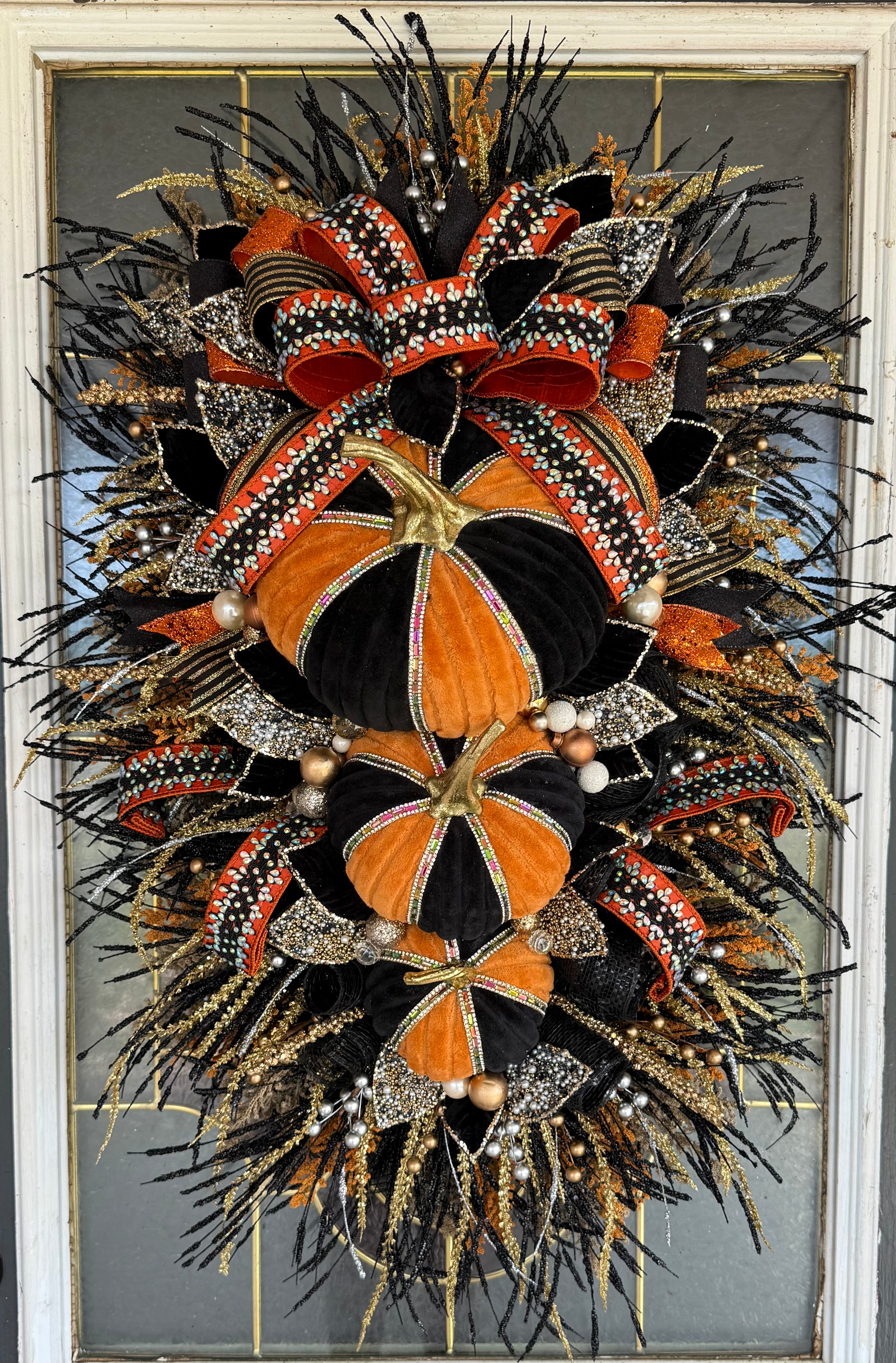 15. Luxury Black & Orange Halloween Door Swag – Handmade Halloween Wreath Alternative