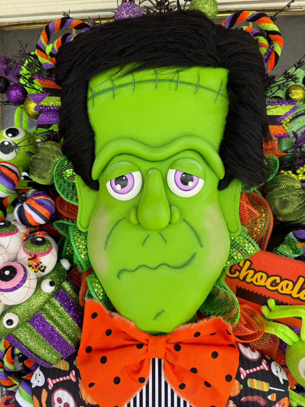 Luxury Frankenstein Halloween Door Hanger | Whimsical Candy Monster Mesh Wreath | One-of-a-Kind Halloween Decor