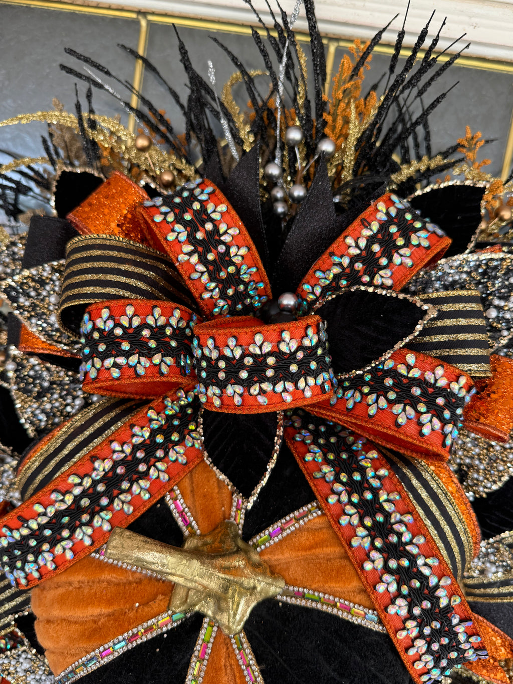 15. Luxury Black & Orange Halloween Door Swag – Handmade Halloween Wreath Alternative