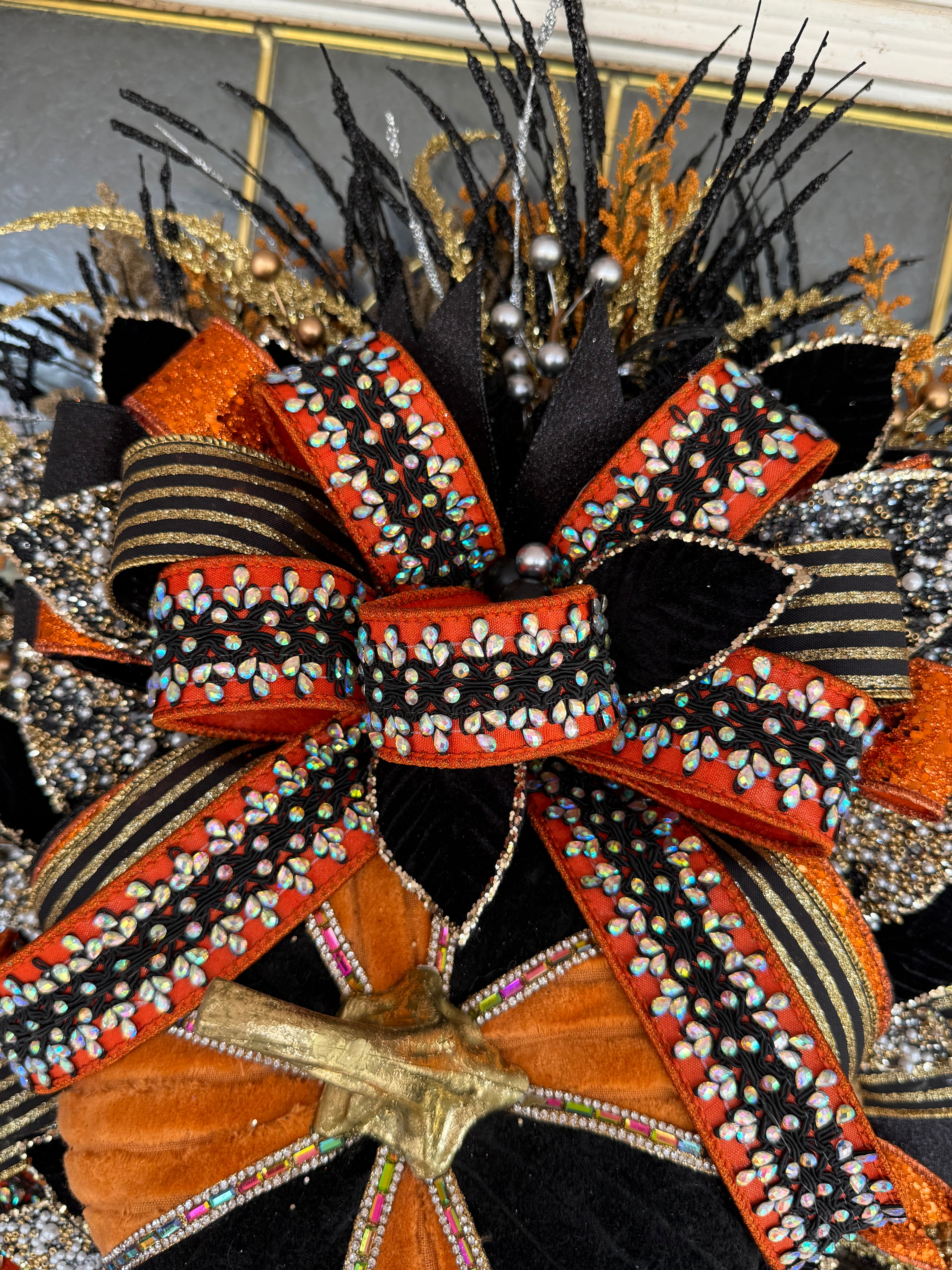 15. Luxury Black & Orange Halloween Door Swag – Handmade Halloween Wreath Alternative