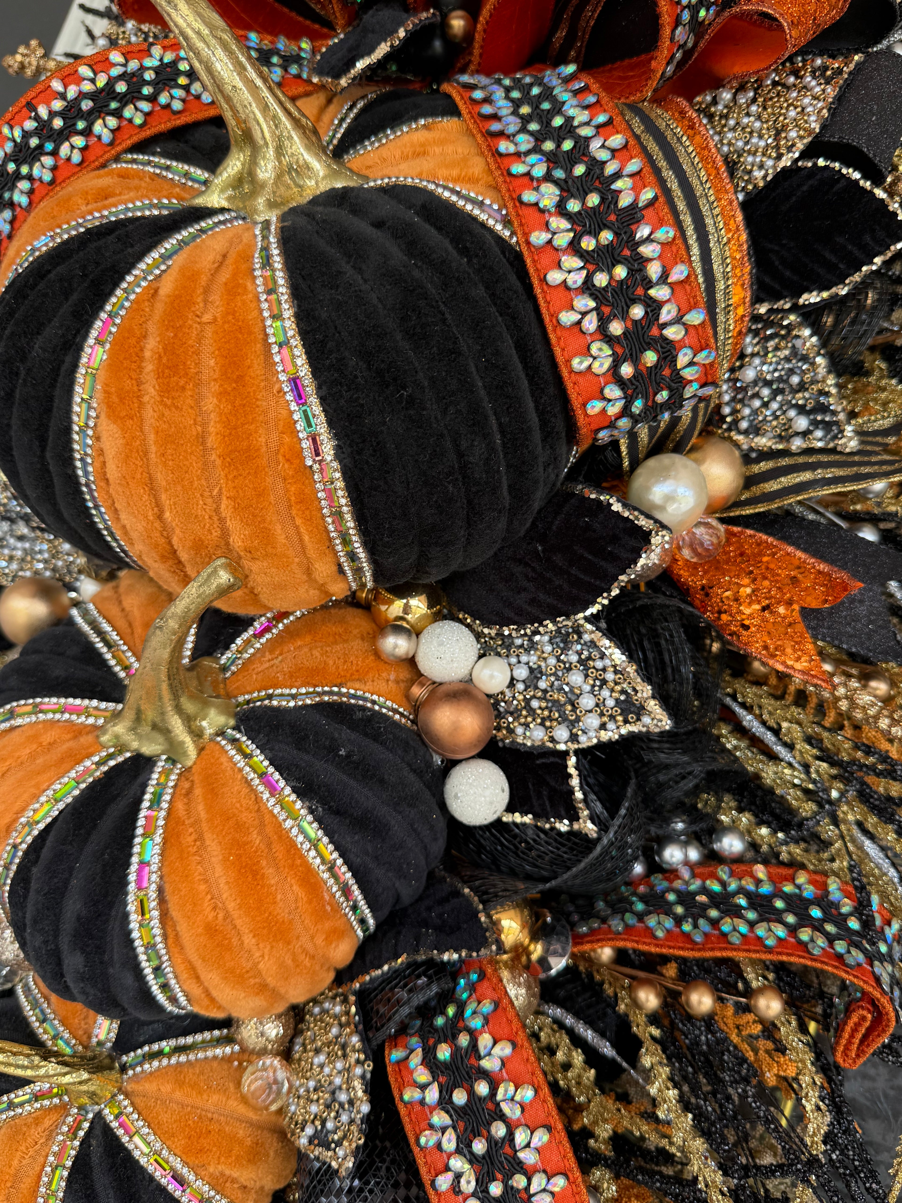 15. Luxury Black & Orange Halloween Door Swag – Handmade Halloween Wreath Alternative
