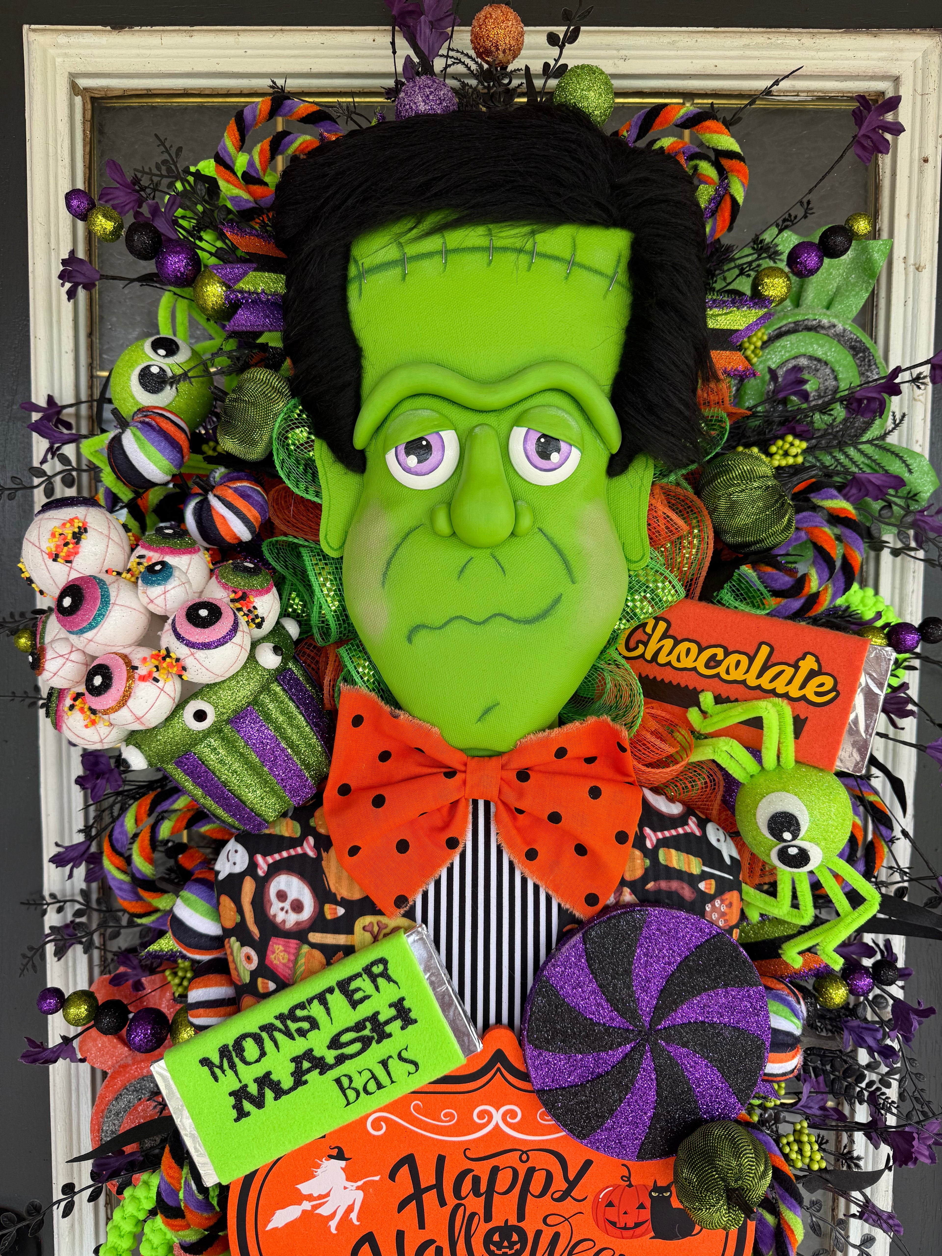 Luxury Frankenstein Halloween Door Hanger | Whimsical Candy Monster Mesh Wreath | One-of-a-Kind Halloween Decor