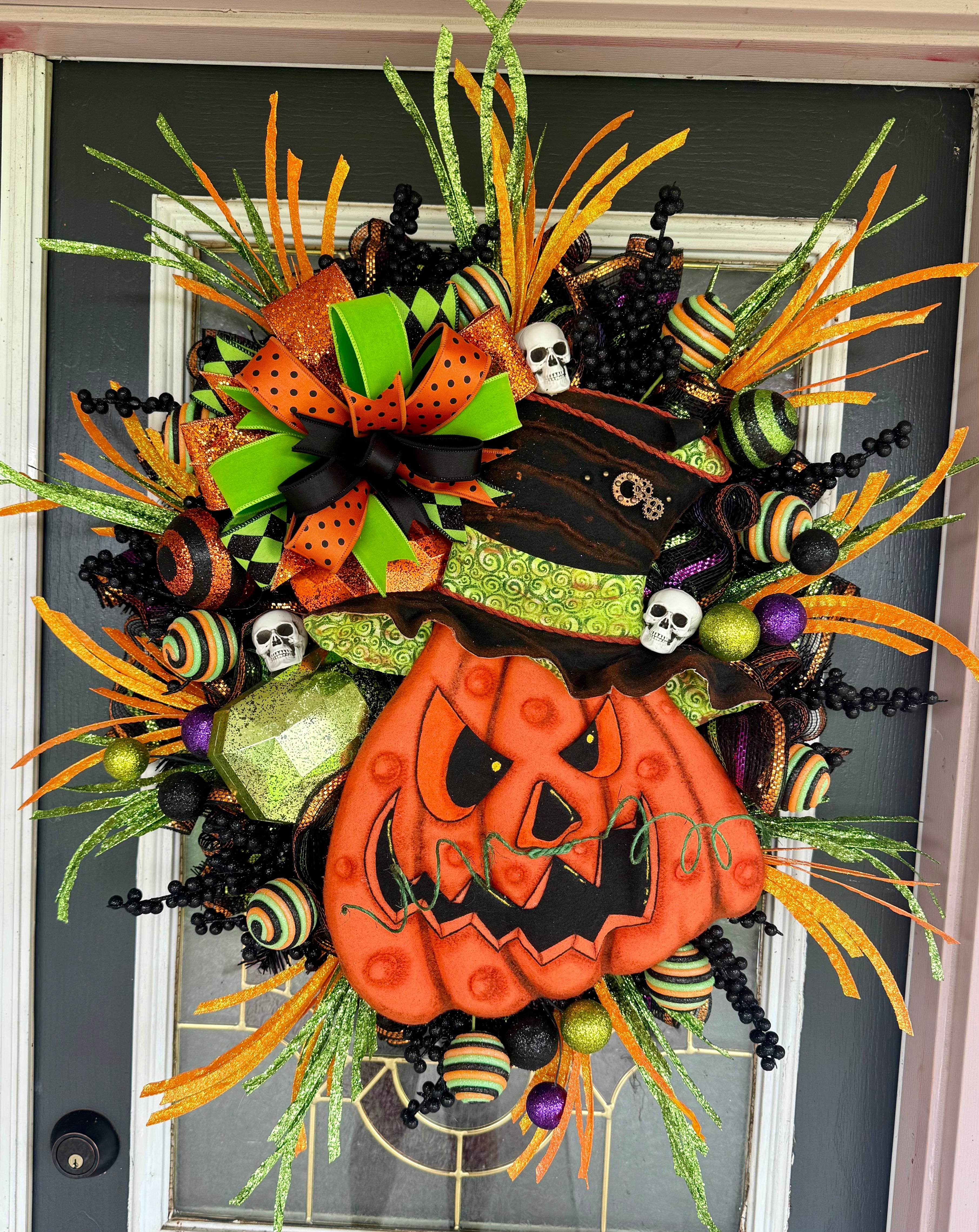 Luxury Halloween Jack-O’-Lantern Wreath | One-of-a-Kind Handmade Front Door Decor | Oversized Pumpkin | Spooky Fall Decor
