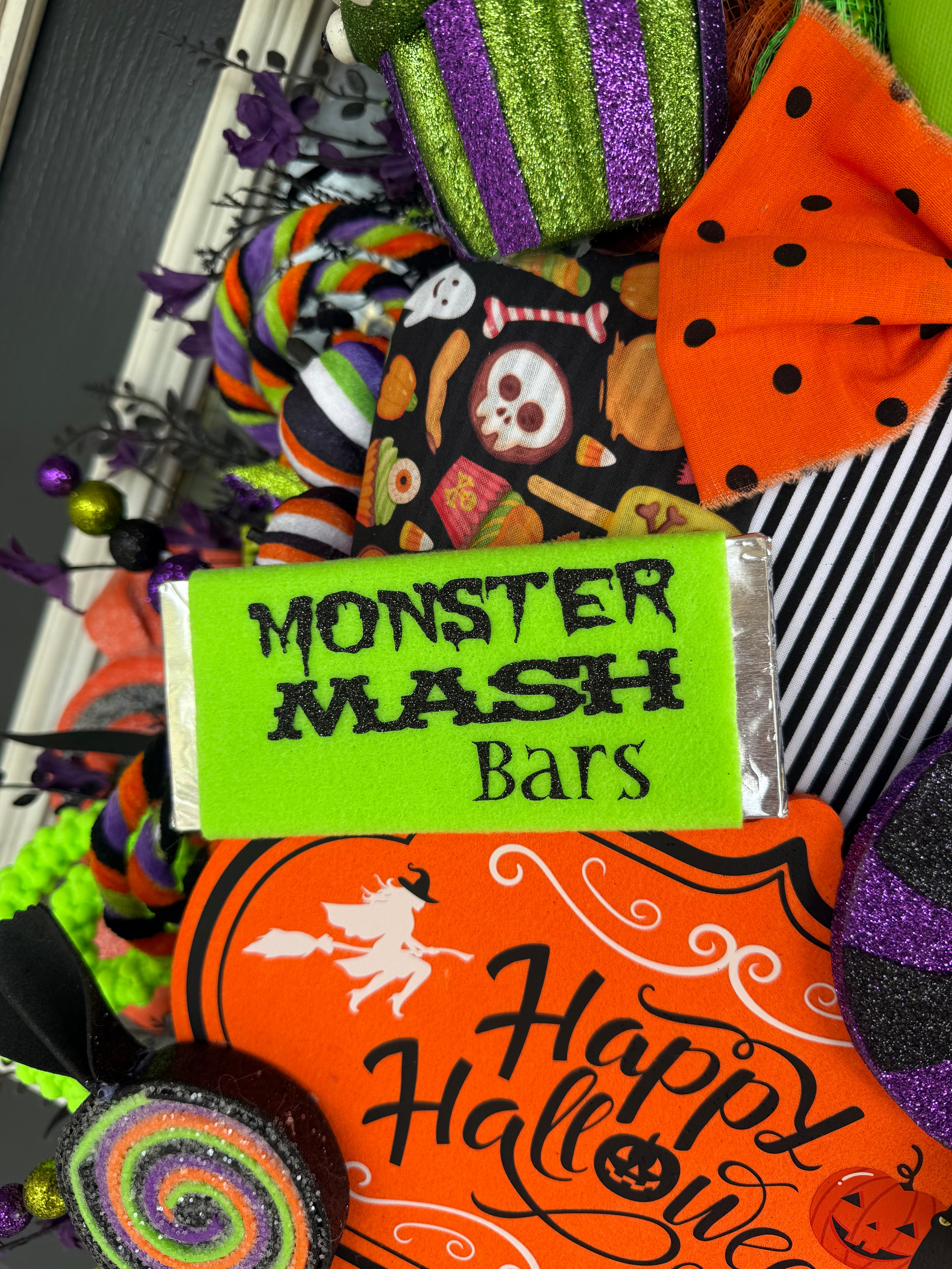 Luxury Frankenstein Halloween Door Hanger | Whimsical Candy Monster Mesh Wreath | One-of-a-Kind Halloween Decor
