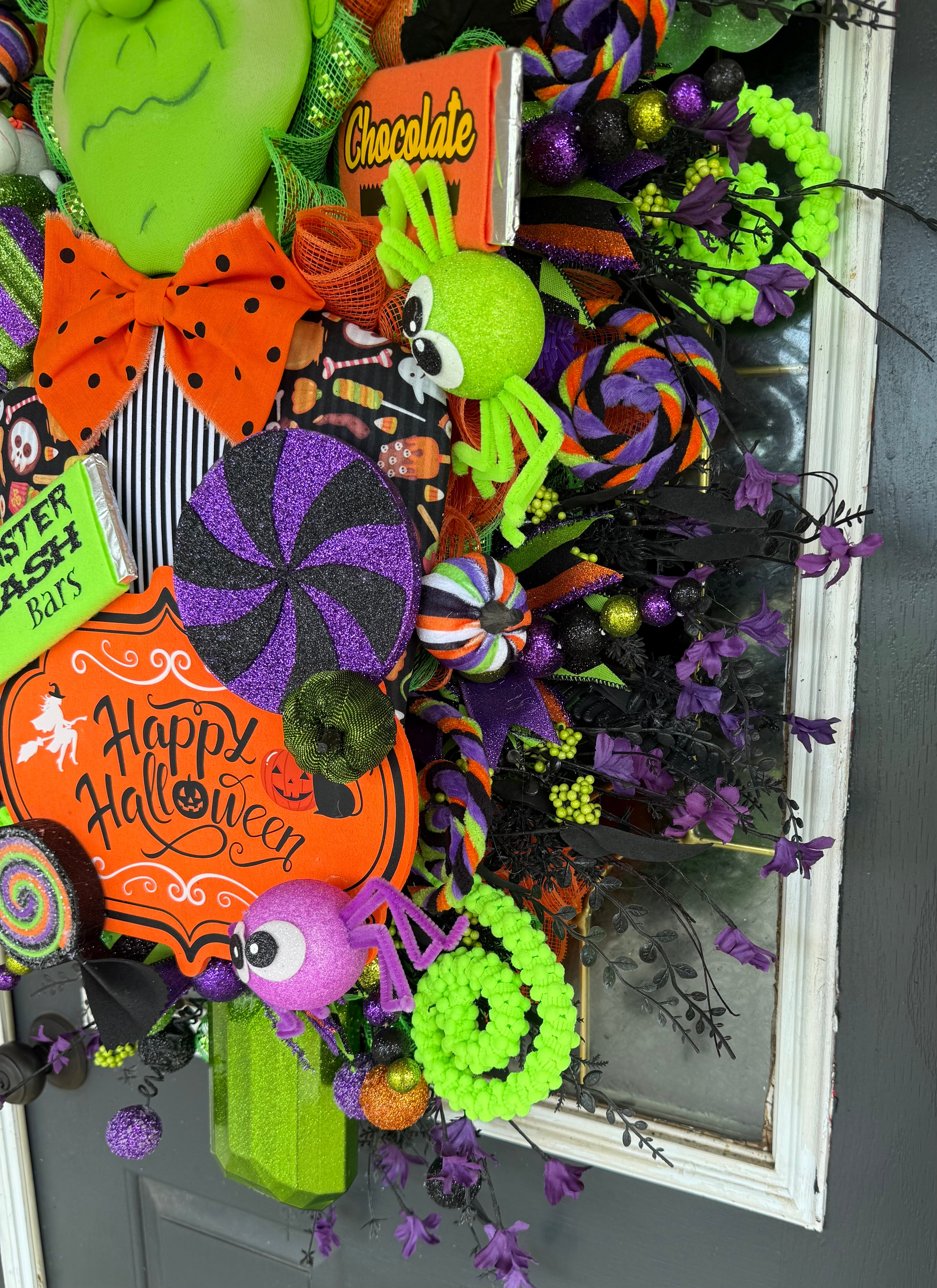 Luxury Frankenstein Halloween Door Hanger | Whimsical Candy Monster Mesh Wreath | One-of-a-Kind Halloween Decor