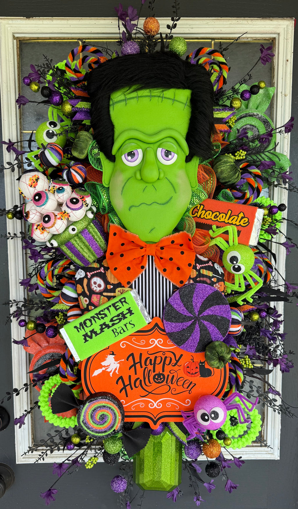 Luxury Frankenstein Halloween Door Hanger | Whimsical Candy Monster Mesh Wreath | One-of-a-Kind Halloween Decor