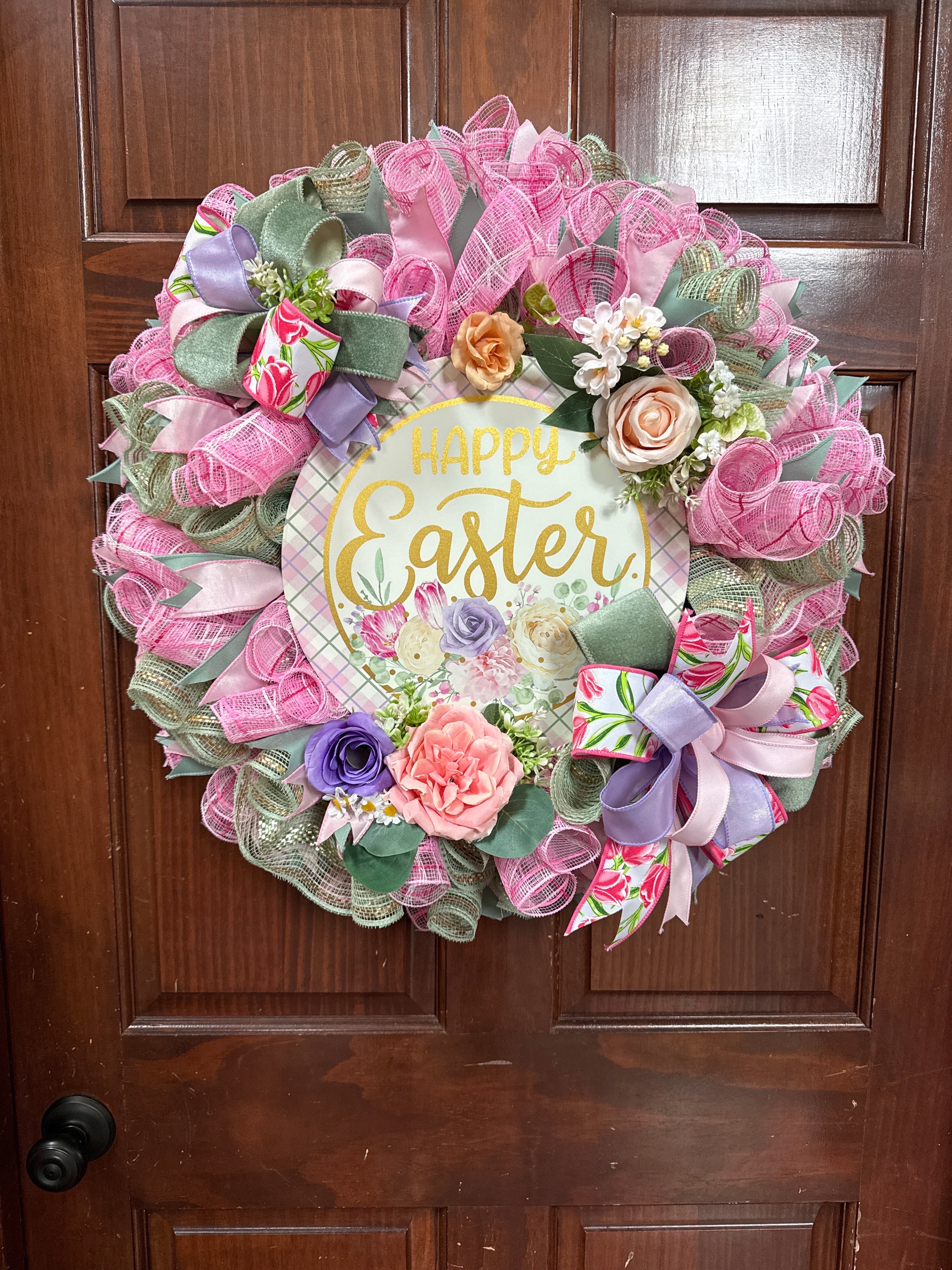Happy Easter Spring Wreath – Pastel Easter Door Wreath – Pink Spring Front Door Decor – Farmhouse Easter Wreath – Large Easter Wreath