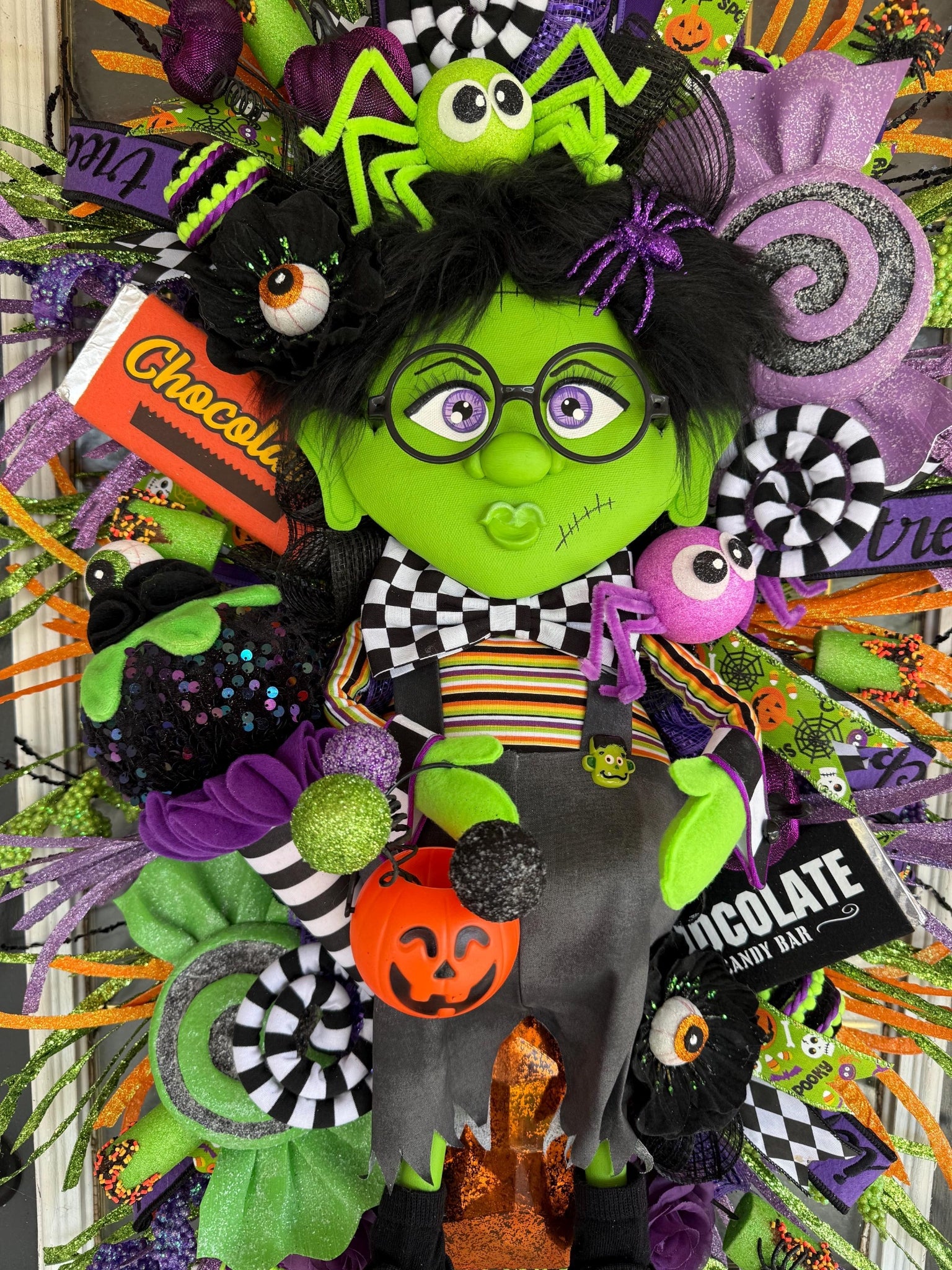 9. Handmade Halloween Wreath | Lil Ms. Frankie Witch Door Hanger, Candy Decor