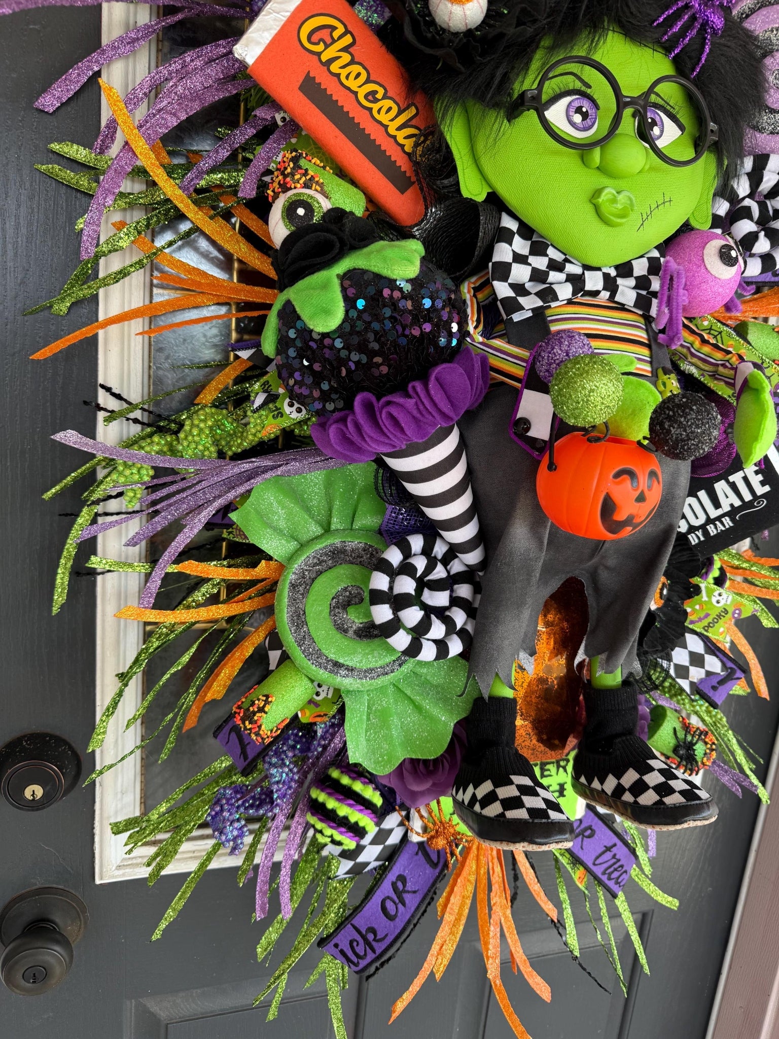 9. Handmade Halloween Wreath | Lil Ms. Frankie Witch Door Hanger, Candy Decor