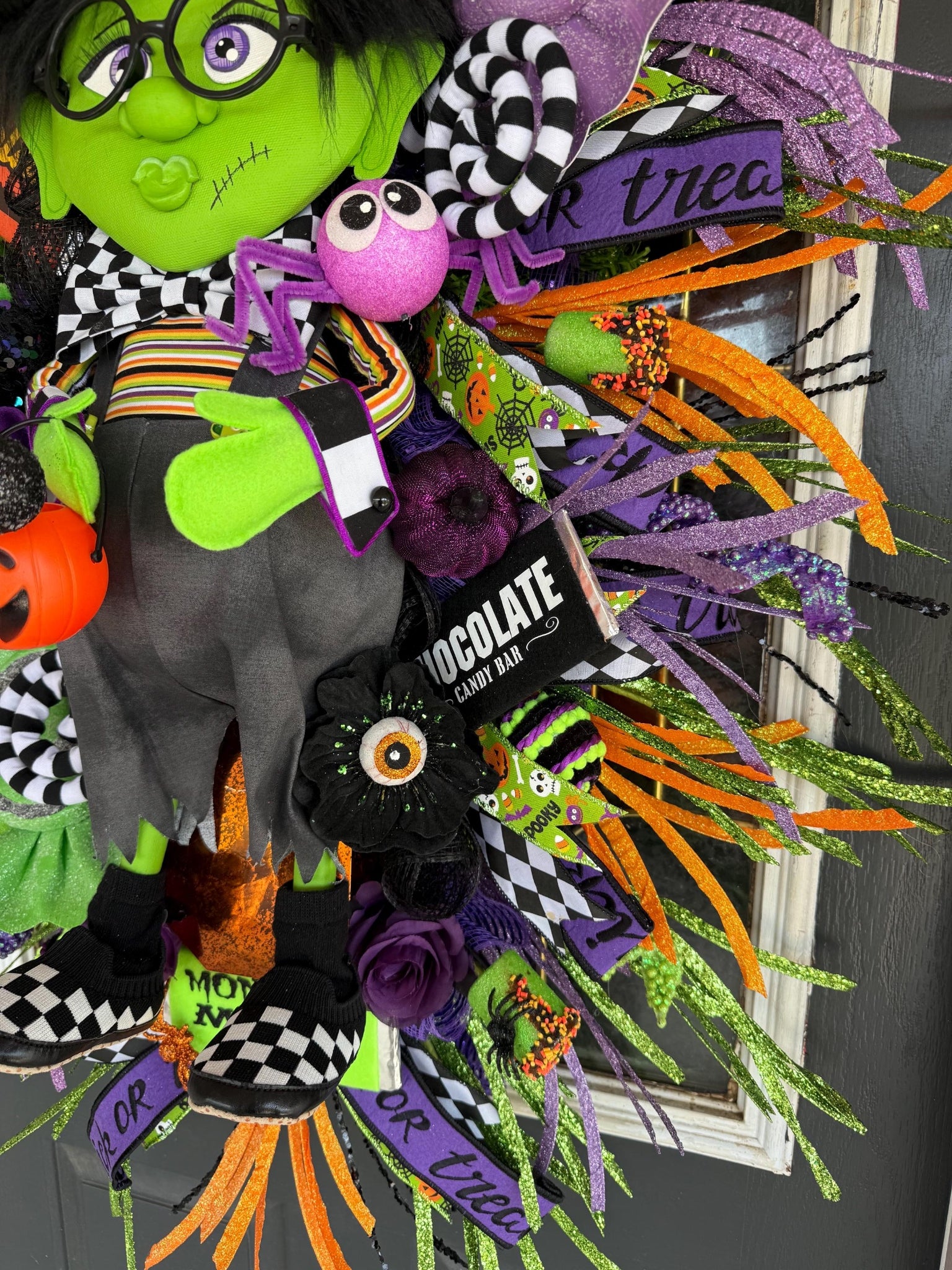 9. Handmade Halloween Wreath | Lil Ms. Frankie Witch Door Hanger, Candy Decor