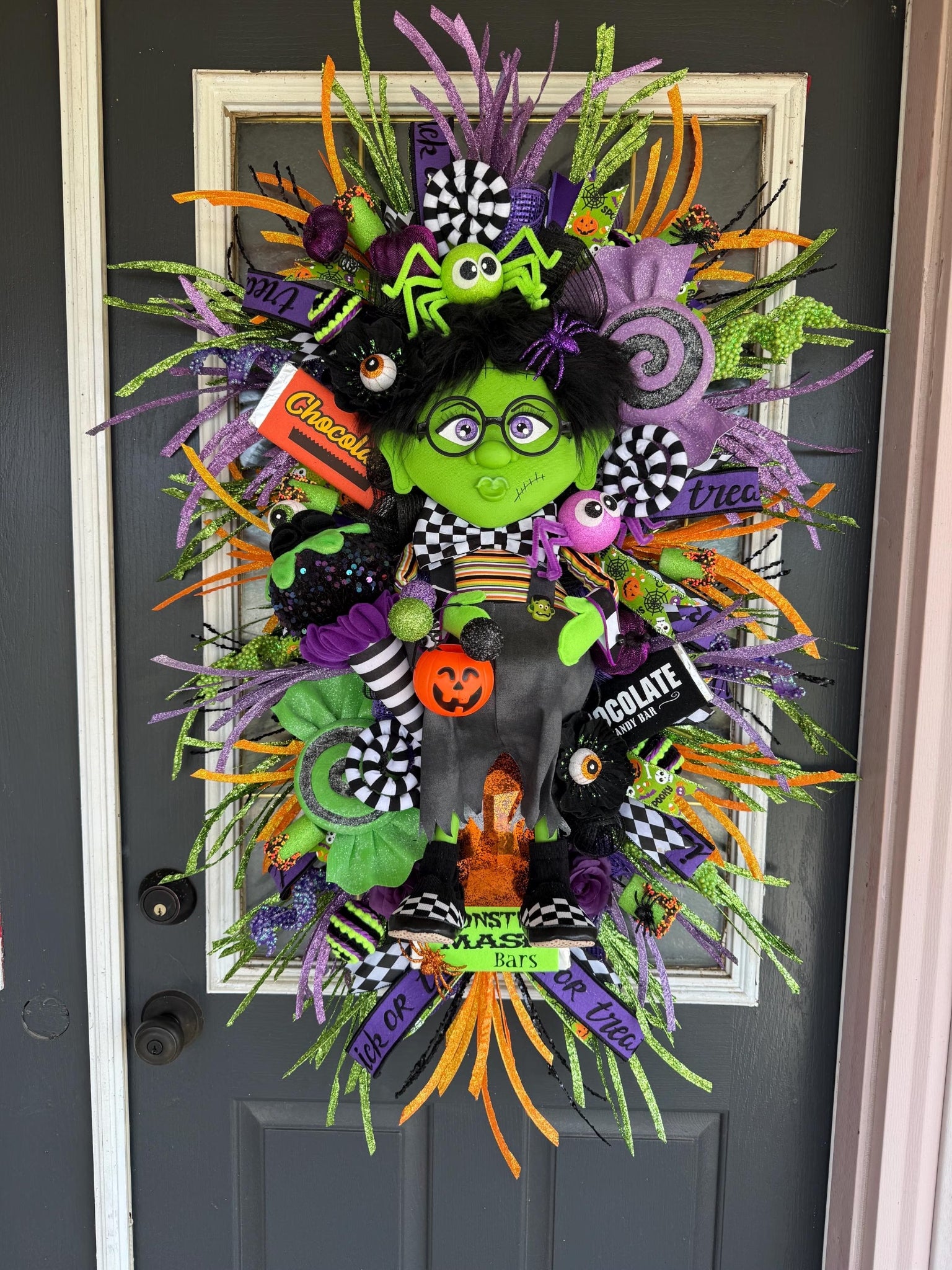 9. Handmade Halloween Wreath | Lil Ms. Frankie Witch Door Hanger, Candy Decor