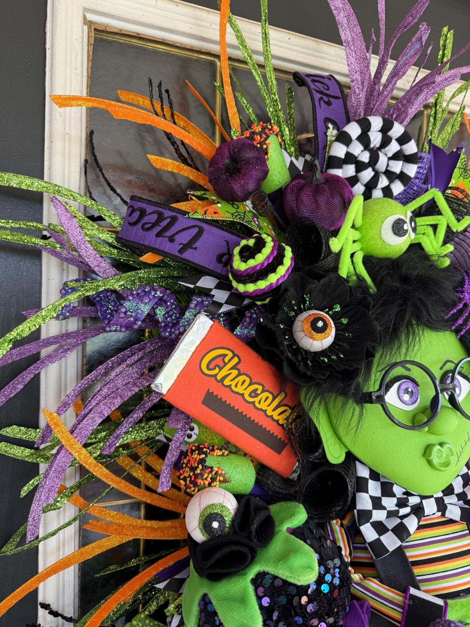 9. Handmade Halloween Wreath | Lil Ms. Frankie Witch Door Hanger, Candy Decor