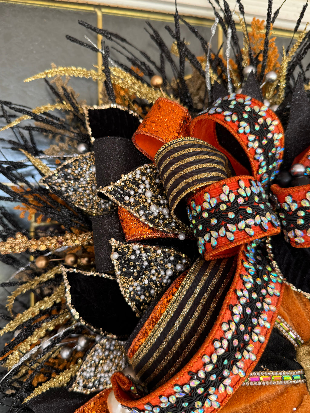 15. Luxury Black & Orange Halloween Door Swag – Handmade Halloween Wreath Alternative
