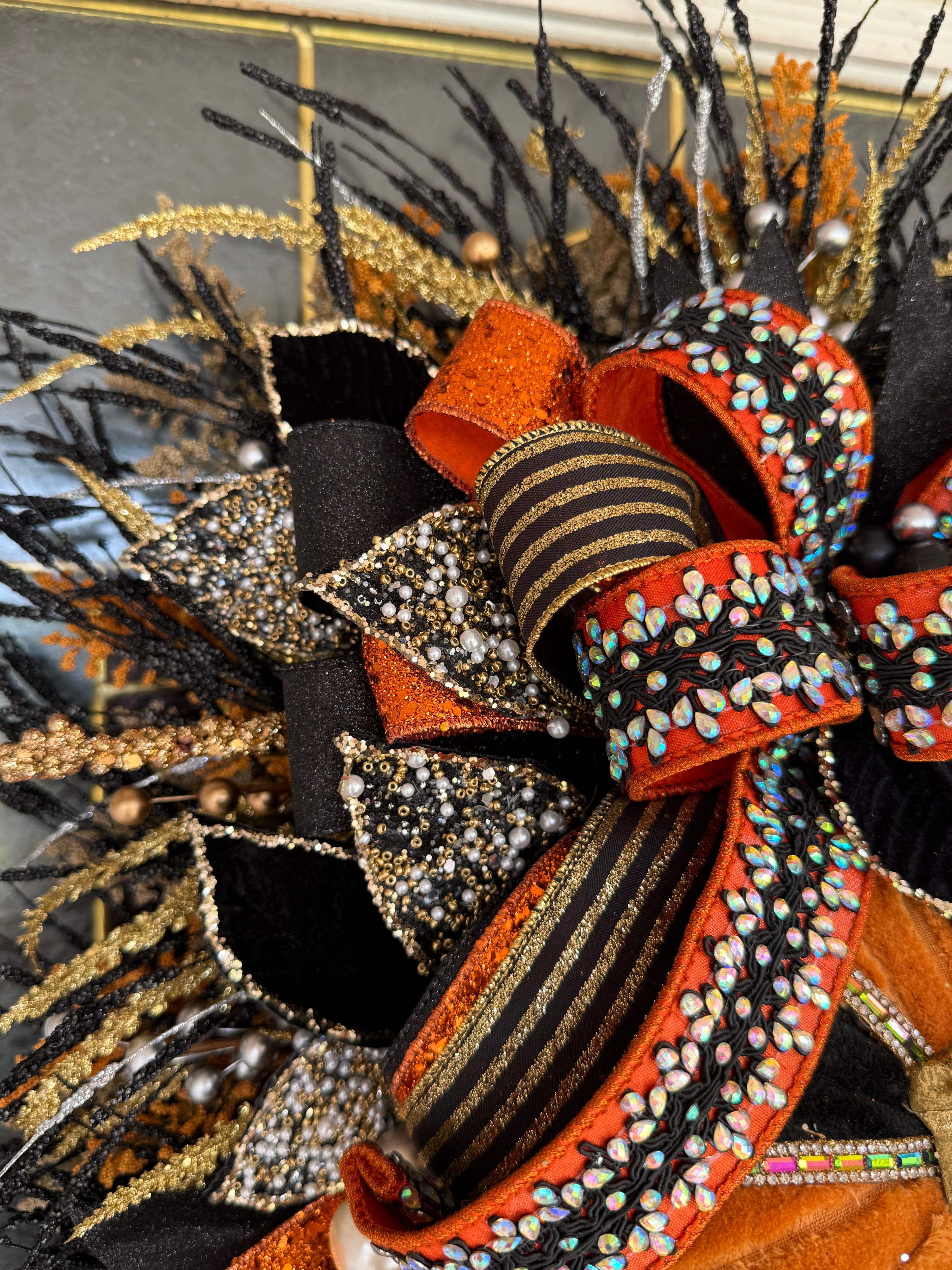 15. Luxury Black & Orange Halloween Door Swag – Handmade Halloween Wreath Alternative