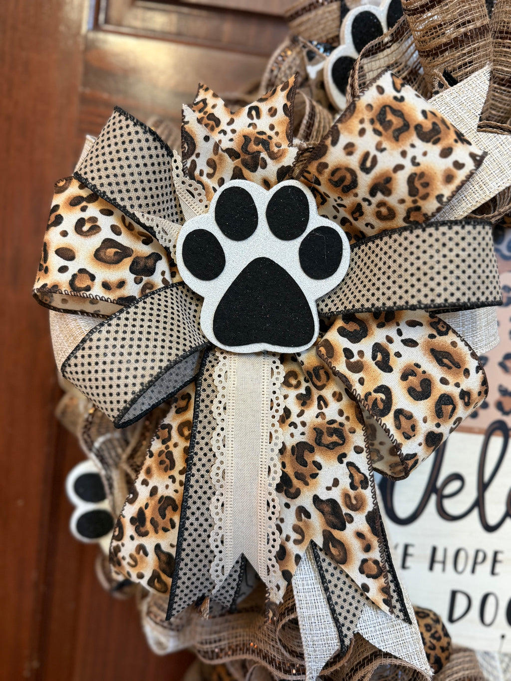 Dog Lover Wreath, Neutral Burlap Leopard Paw Print Welcome Sign, Farmhouse Pet Decor