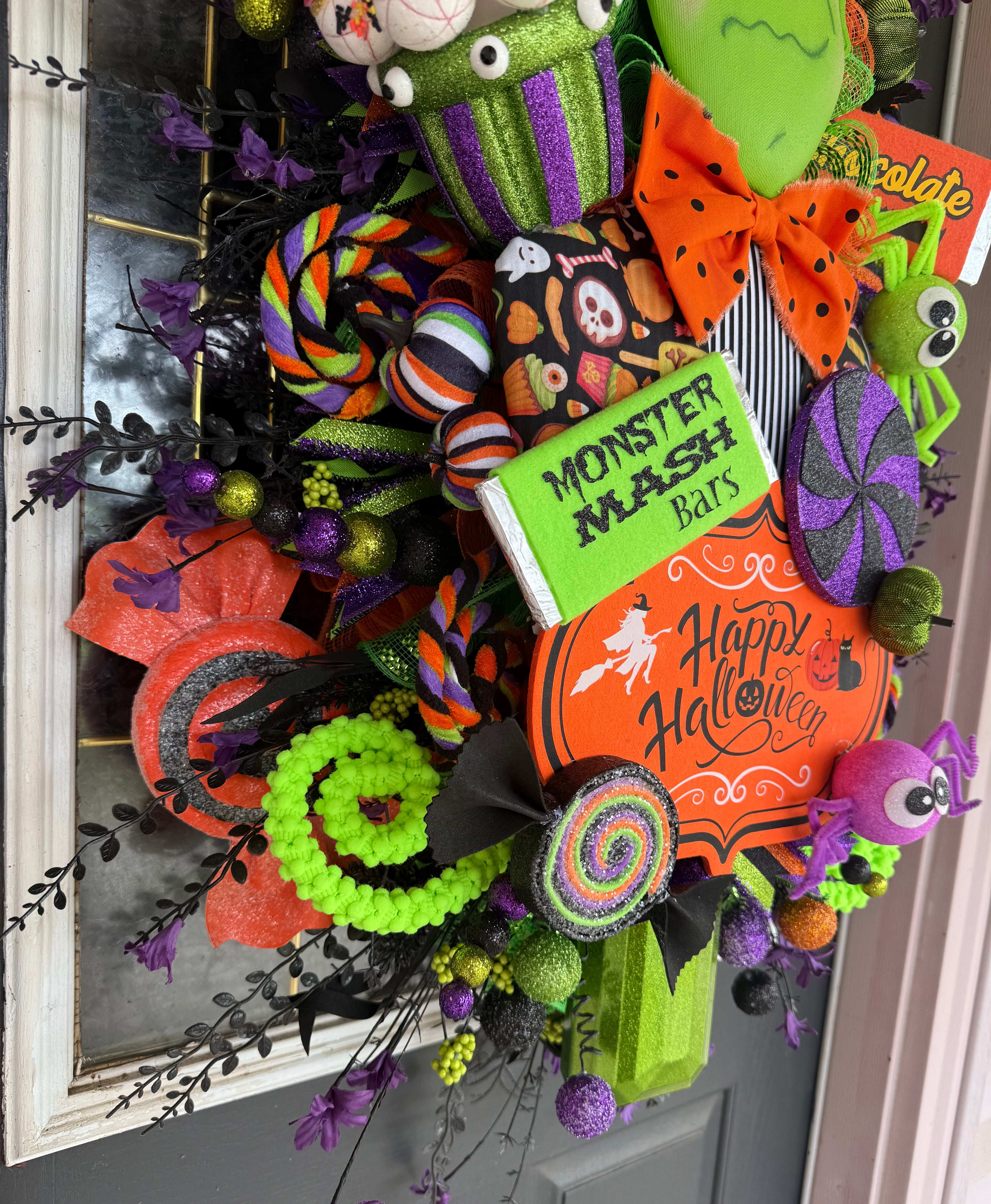 Luxury Frankenstein Halloween Door Hanger | Whimsical Candy Monster Mesh Wreath | One-of-a-Kind Halloween Decor