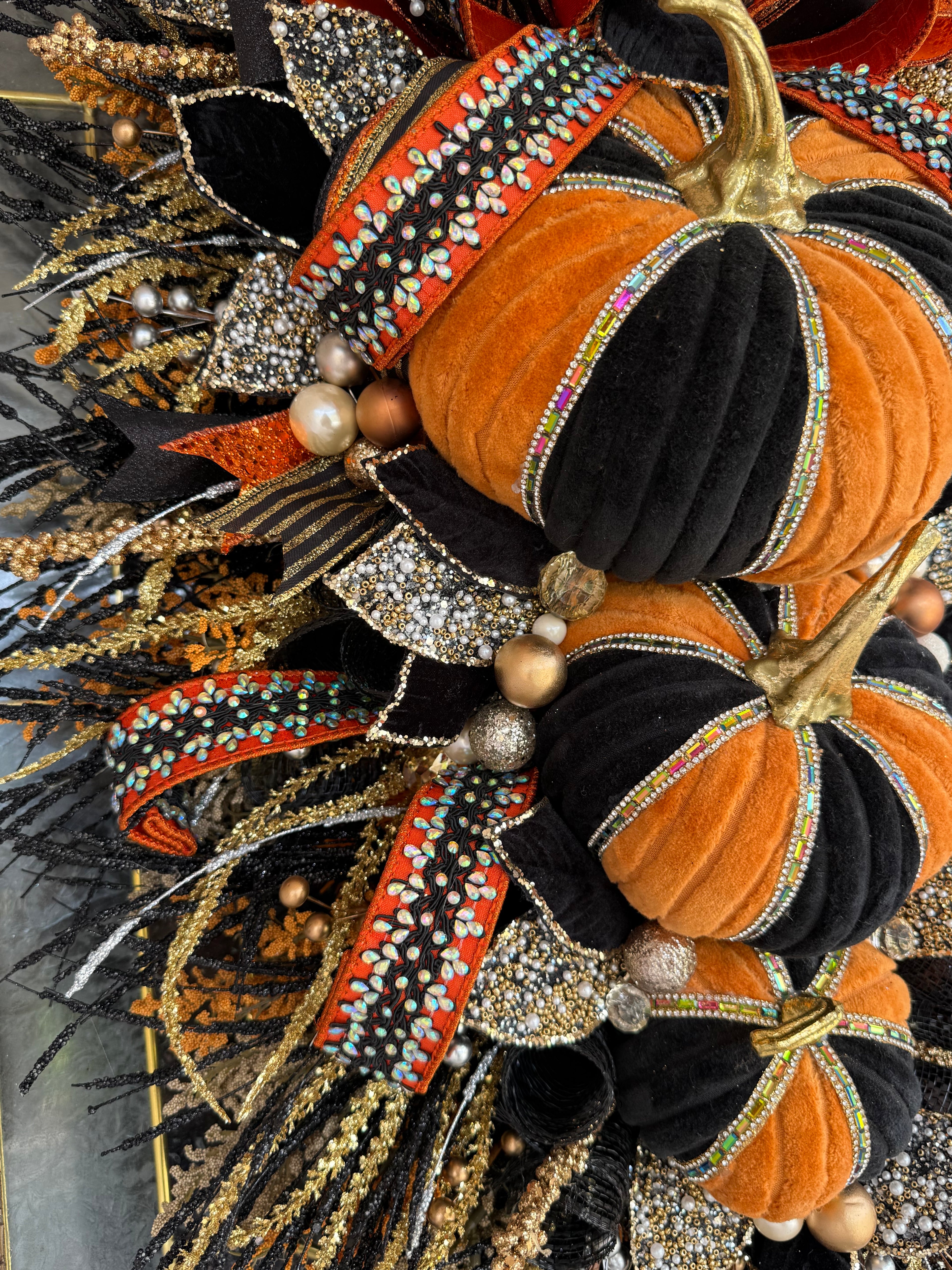 15. Luxury Black & Orange Halloween Door Swag – Handmade Halloween Wreath Alternative