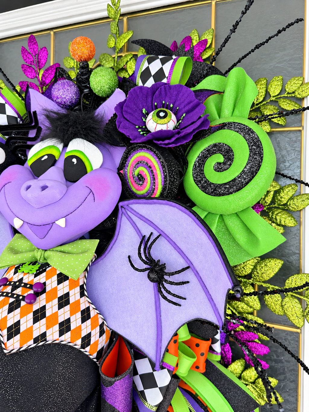 Boomerang Luxury Halloween Vampire Wreath | Extra Large Bat Door Hanger | Handmade Halloween Decor | 32x25x12