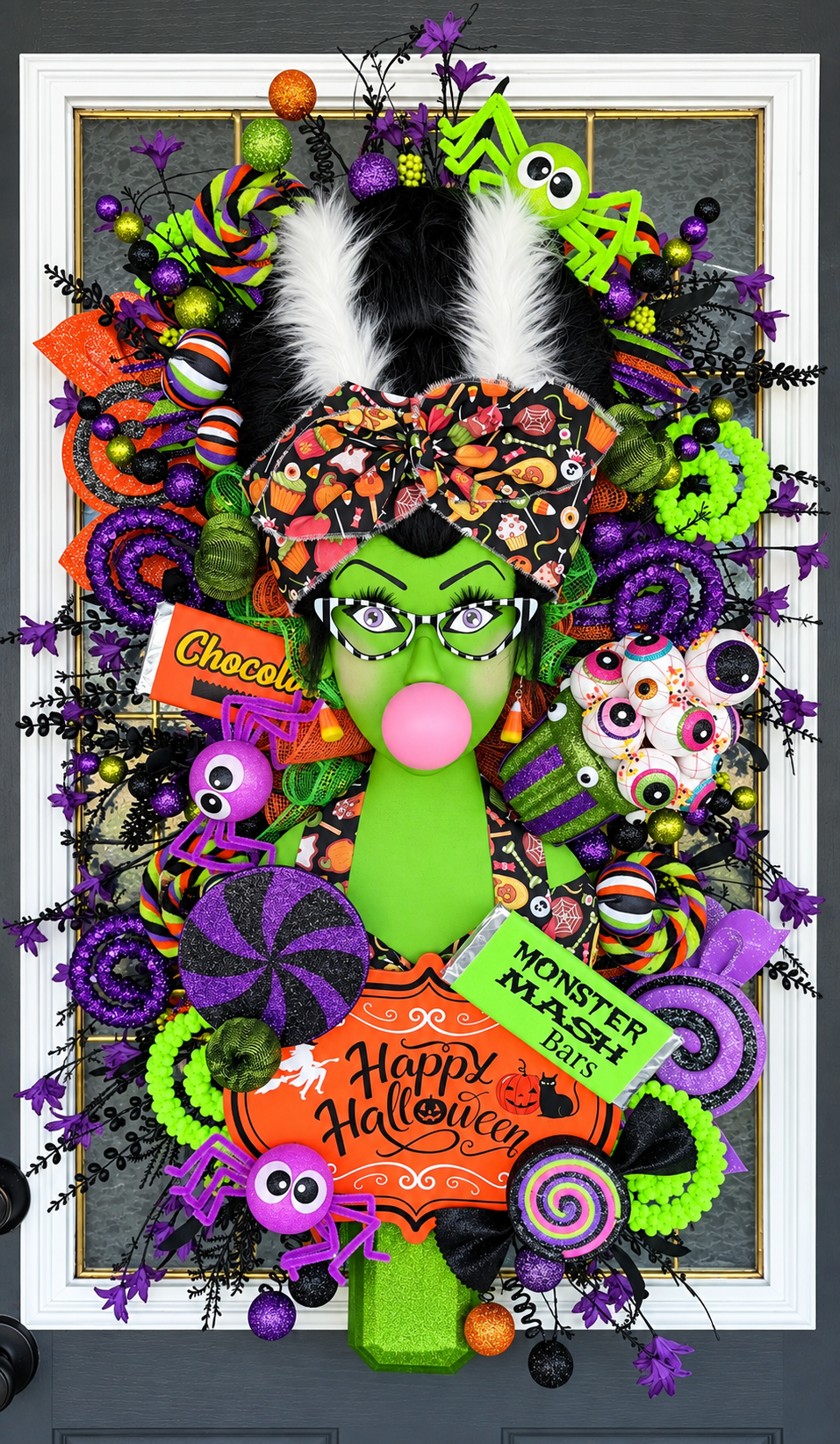 Bride of Frankenstein Halloween Door Hanger | Whimsical Candy Decor, Handmade Wreath