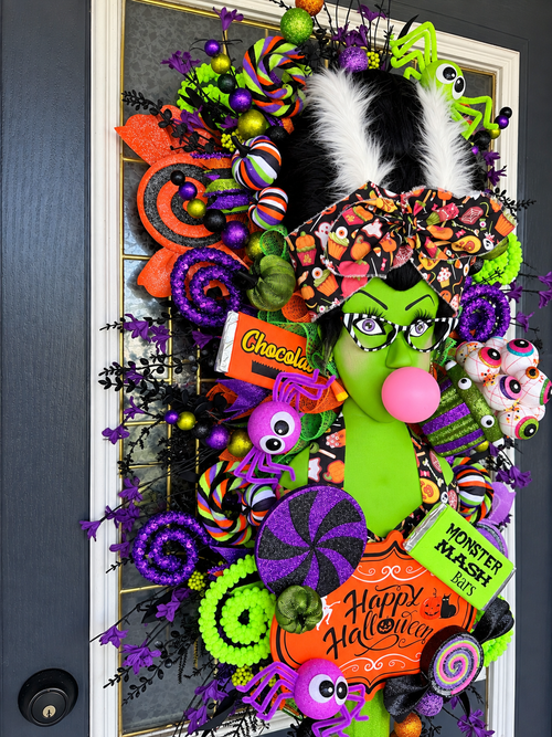 Bride of Frankenstein Halloween Door Hanger | Whimsical Candy Decor, Handmade Wreath