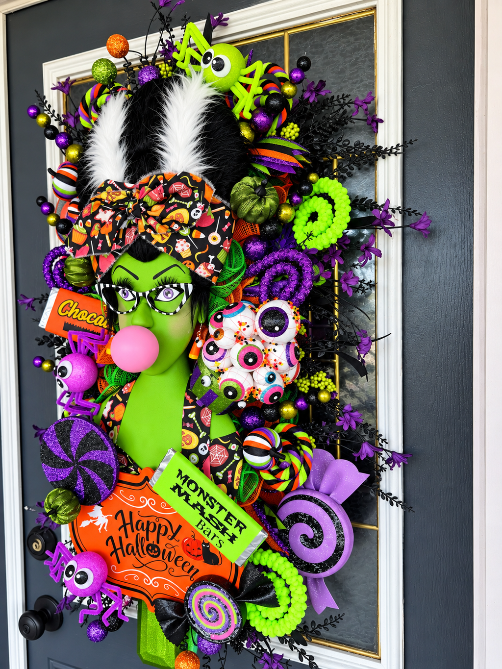 Bride of Frankenstein Halloween Door Hanger | Whimsical Candy Decor, Handmade Wreath