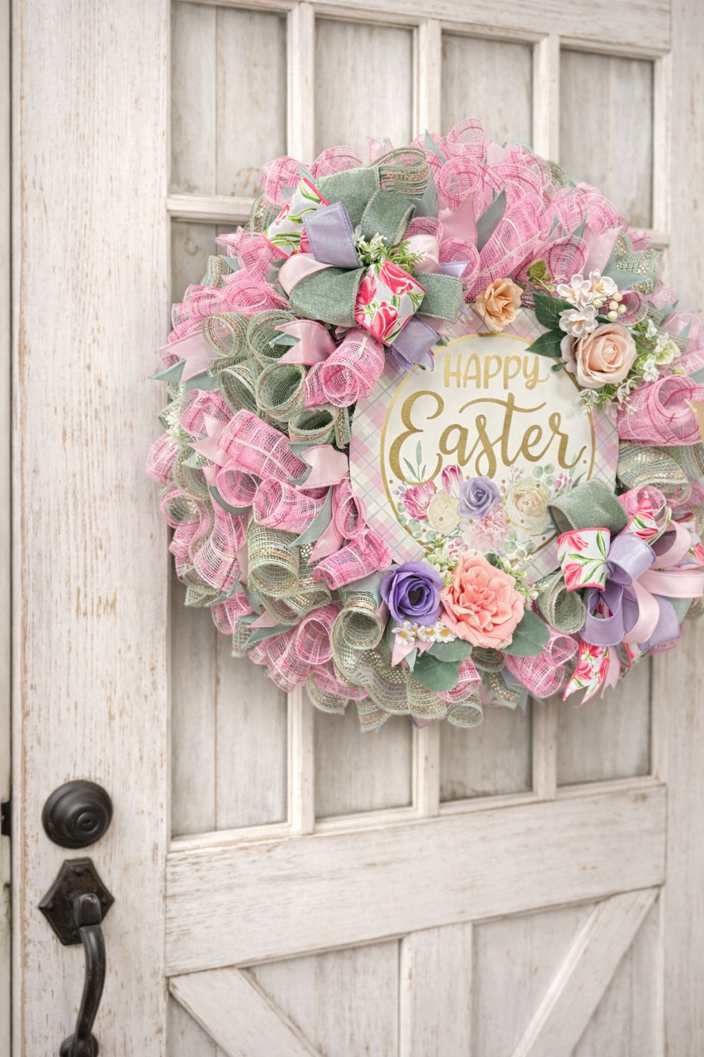 Happy Easter Spring Wreath – Pastel Easter Door Wreath – Pink Spring Front Door Decor – Farmhouse Easter Wreath – Large Easter Wreath
