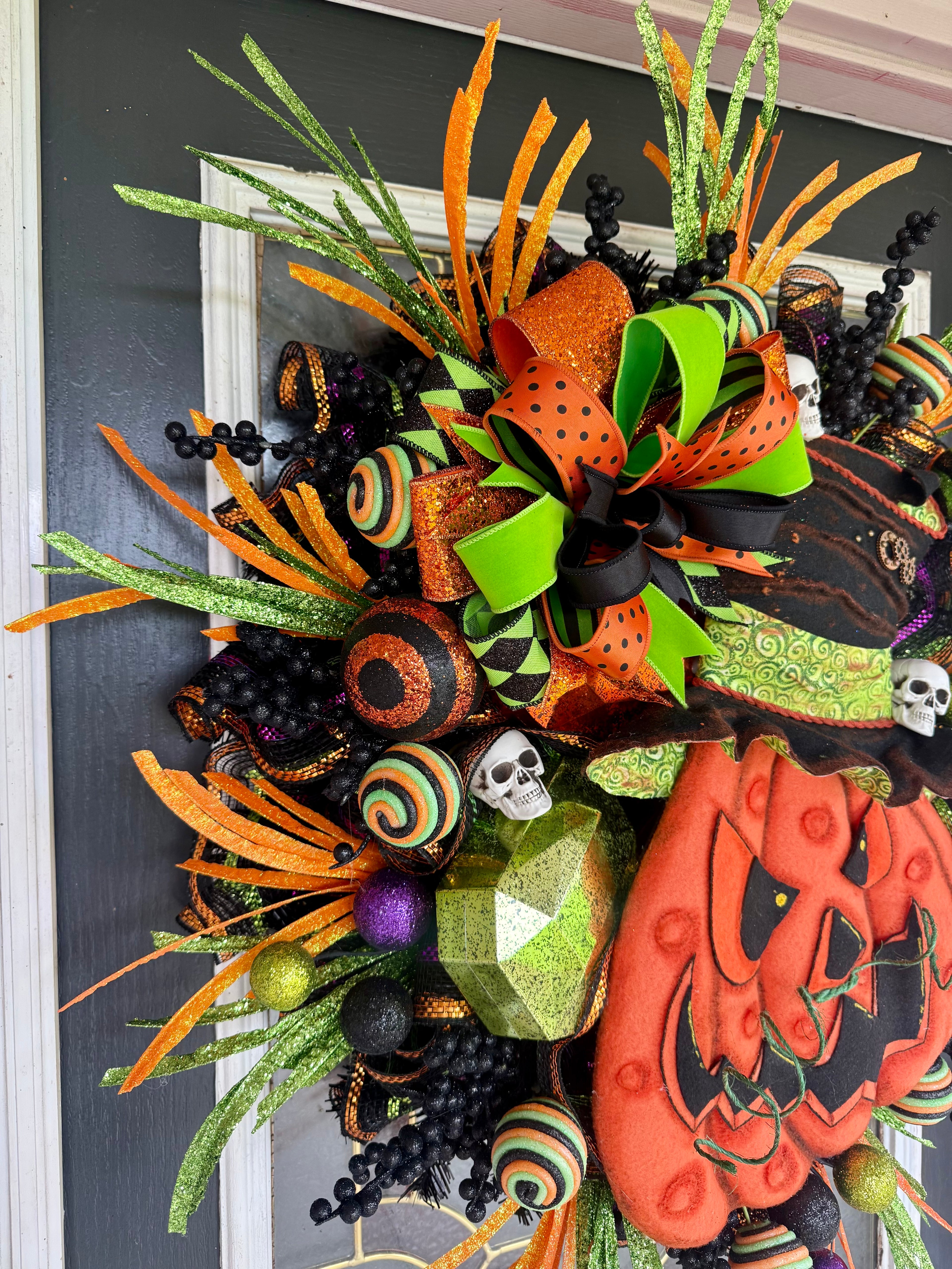 Luxury Halloween Jack-O’-Lantern Wreath | One-of-a-Kind Handmade Front Door Decor | Oversized Pumpkin | Spooky Fall Decor