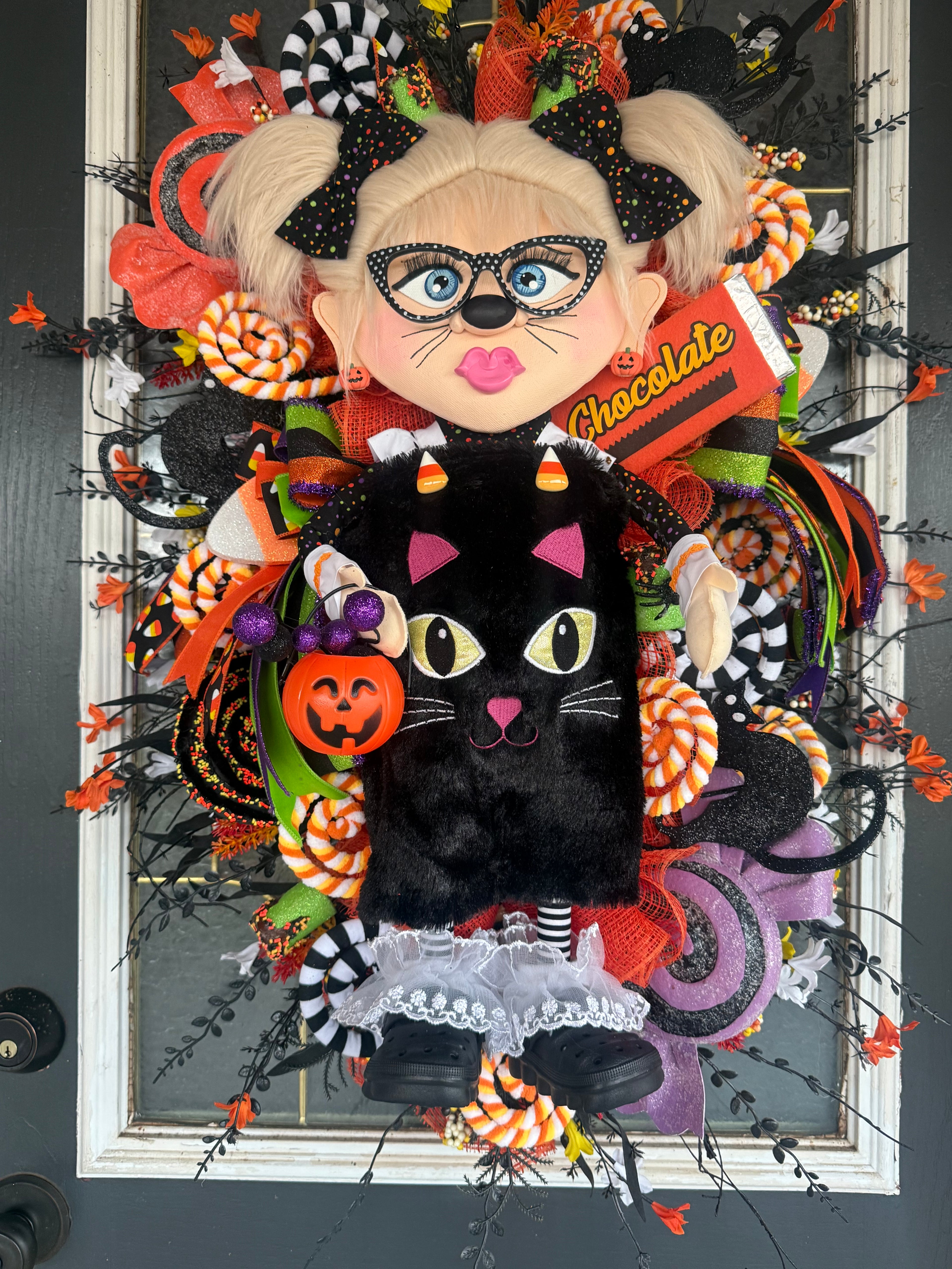 7. Lil Miss Meow Halloween Wreath | Black Cat Trick-or-Treater Door Hanger | Whimsical Candy Decor