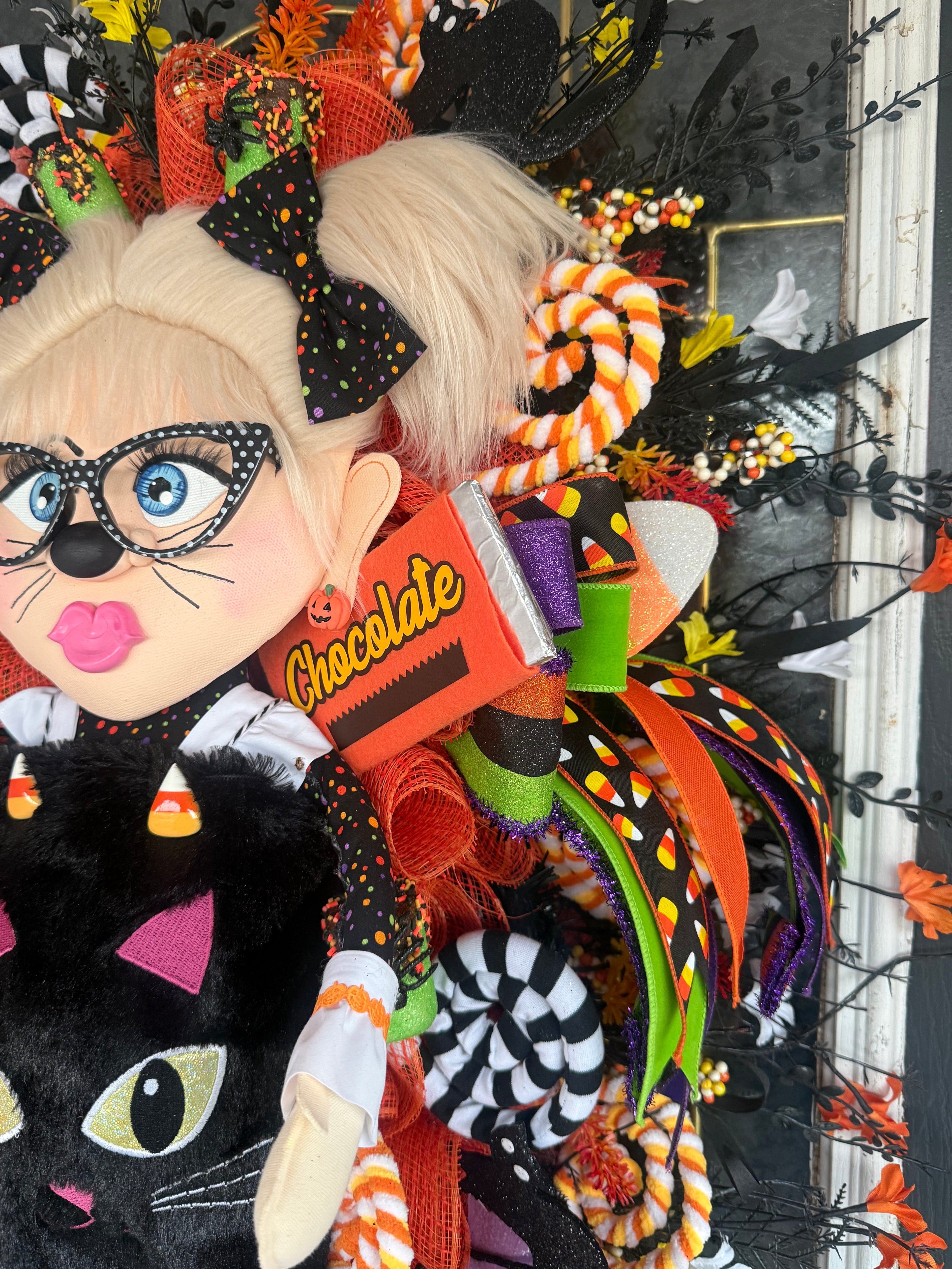 7. Lil Miss Meow Halloween Wreath | Black Cat Trick-or-Treater Door Hanger | Whimsical Candy Decor