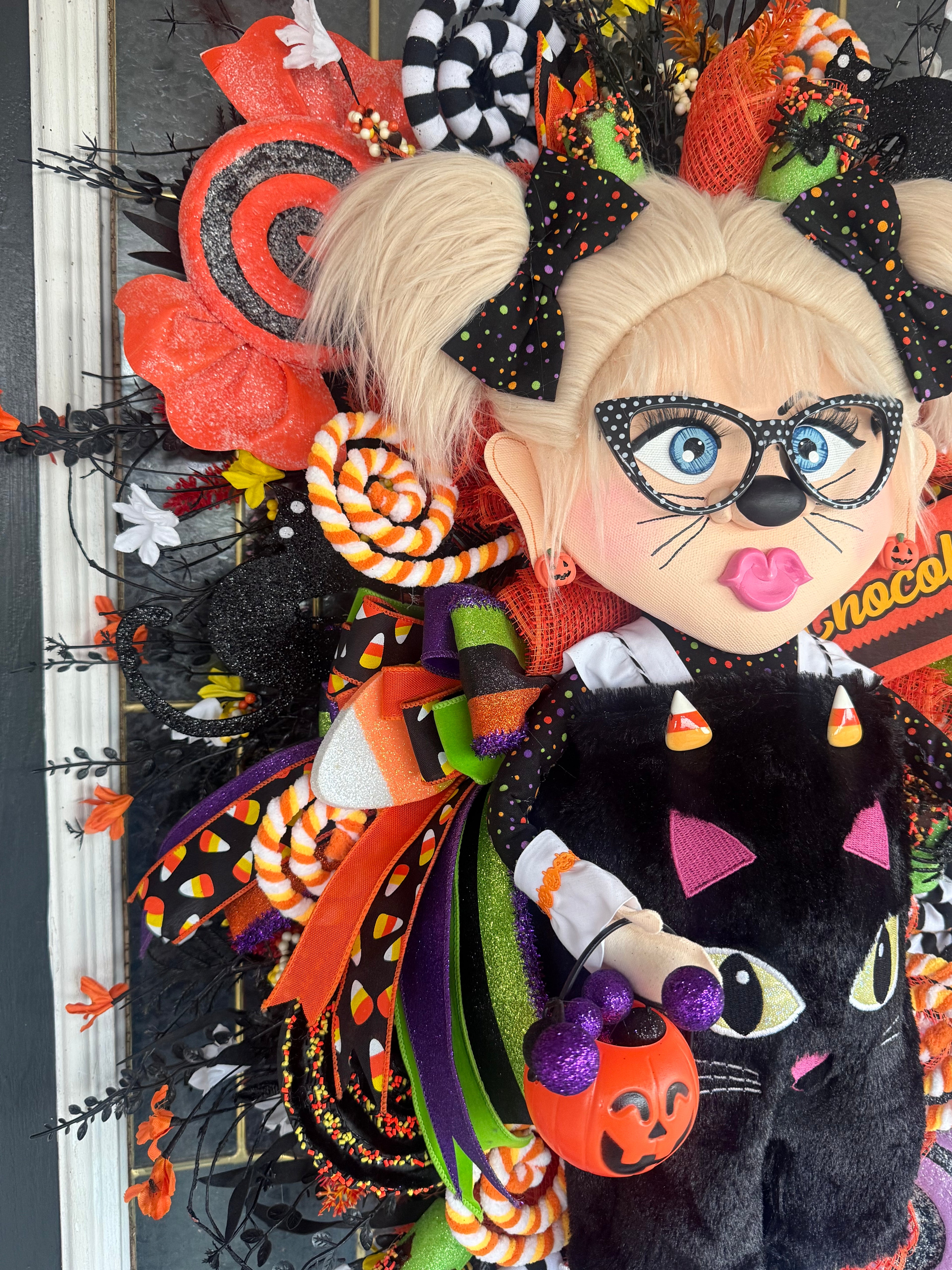 7. Lil Miss Meow Halloween Wreath | Black Cat Trick-or-Treater Door Hanger | Whimsical Candy Decor