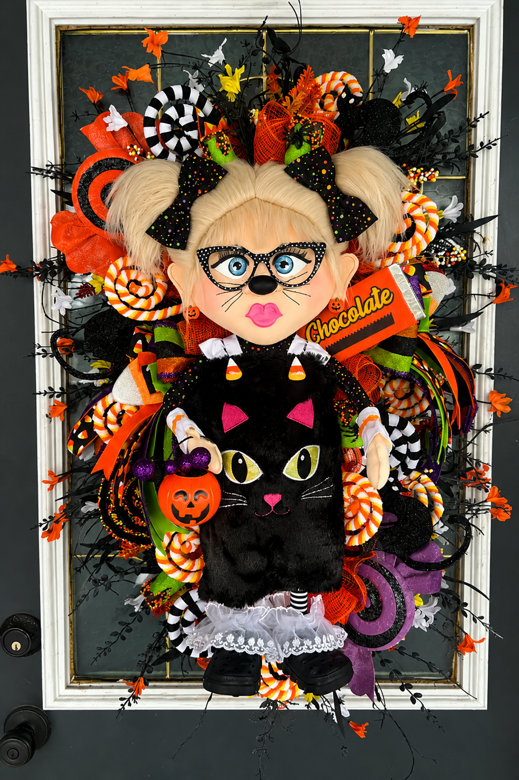 7. Lil Miss Meow Halloween Wreath | Black Cat Trick-or-Treater Door Hanger | Whimsical Candy Decor