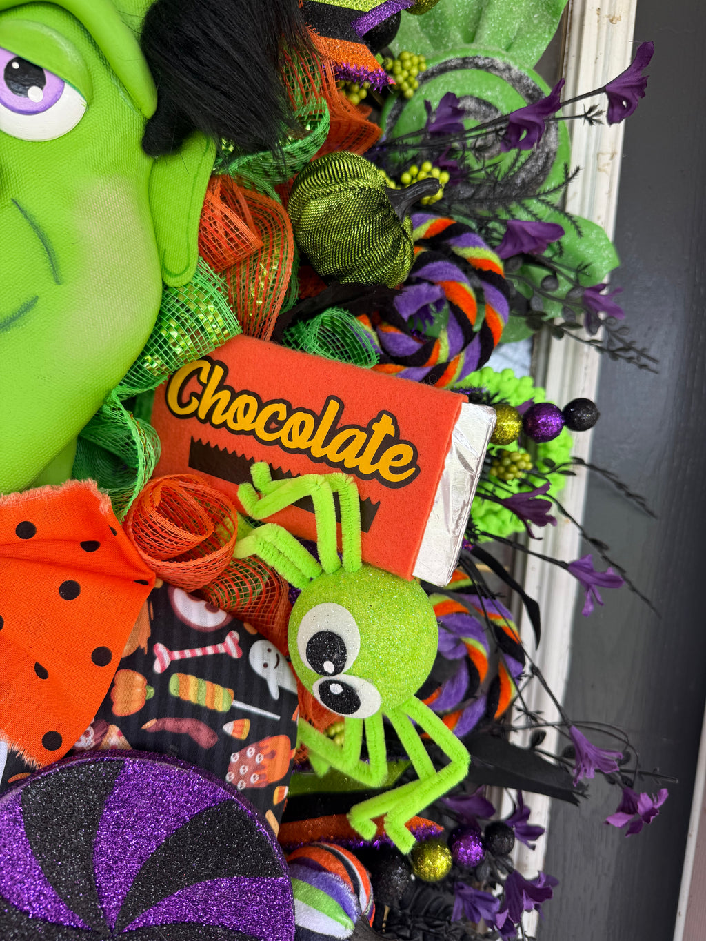 Luxury Frankenstein Halloween Door Hanger | Whimsical Candy Monster Mesh Wreath | One-of-a-Kind Halloween Decor