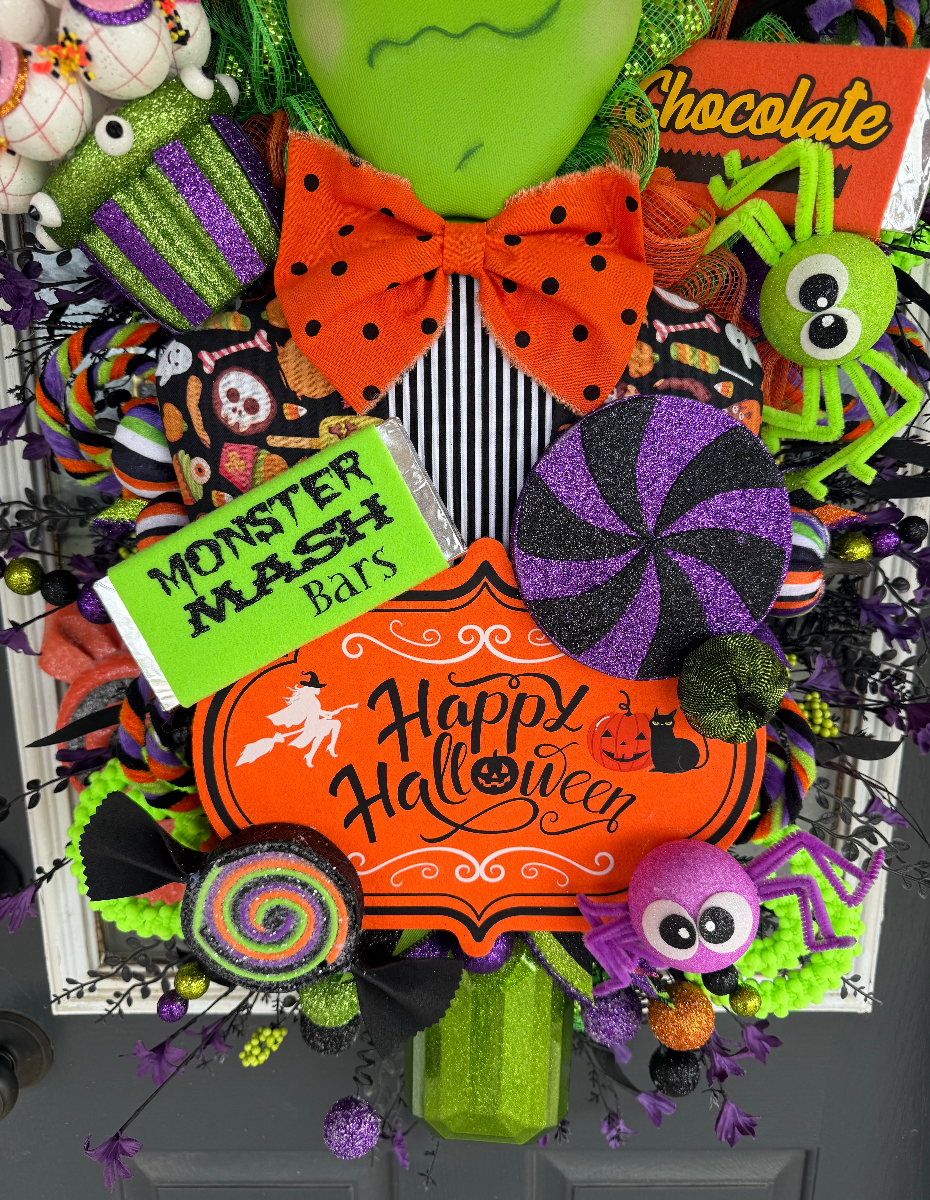 Luxury Frankenstein Halloween Door Hanger | Whimsical Candy Monster Mesh Wreath | One-of-a-Kind Halloween Decor