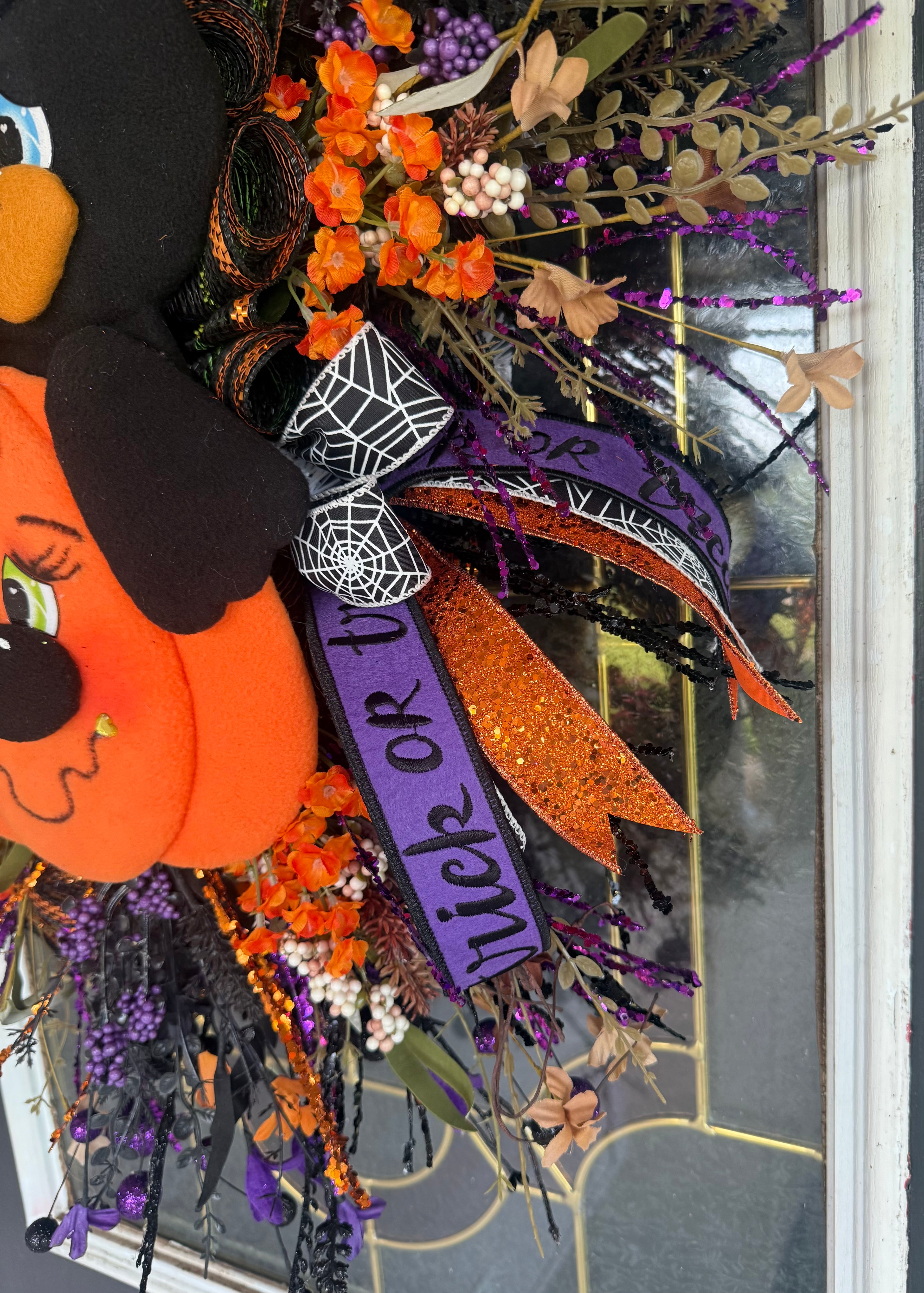 Halloween Crow & Pumpkin Luxury Swag – Whimsical Witch Hat Door Hanger – Handmade Falloween Front Door Decor