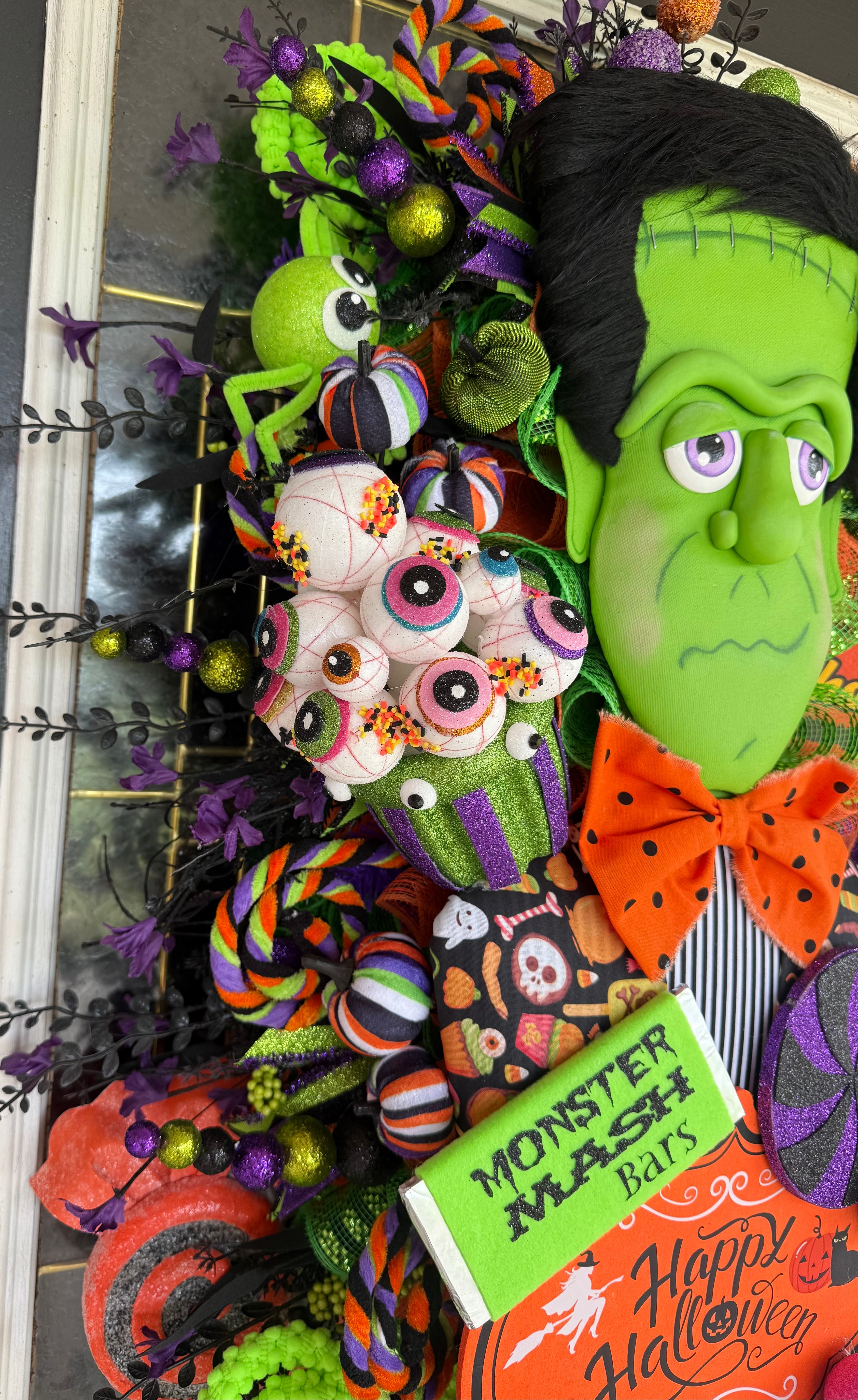 Luxury Frankenstein Halloween Door Hanger | Whimsical Candy Monster Mesh Wreath | One-of-a-Kind Halloween Decor
