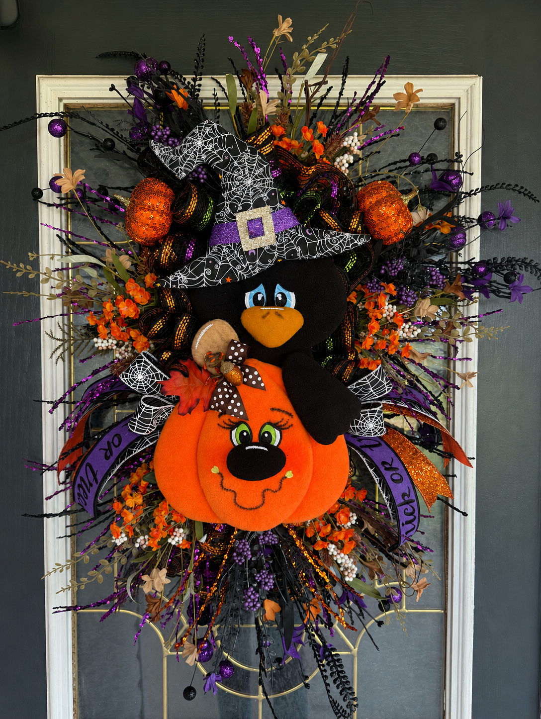Halloween Crow & Pumpkin Luxury Swag – Whimsical Witch Hat Door Hanger – Handmade Falloween Front Door Decor