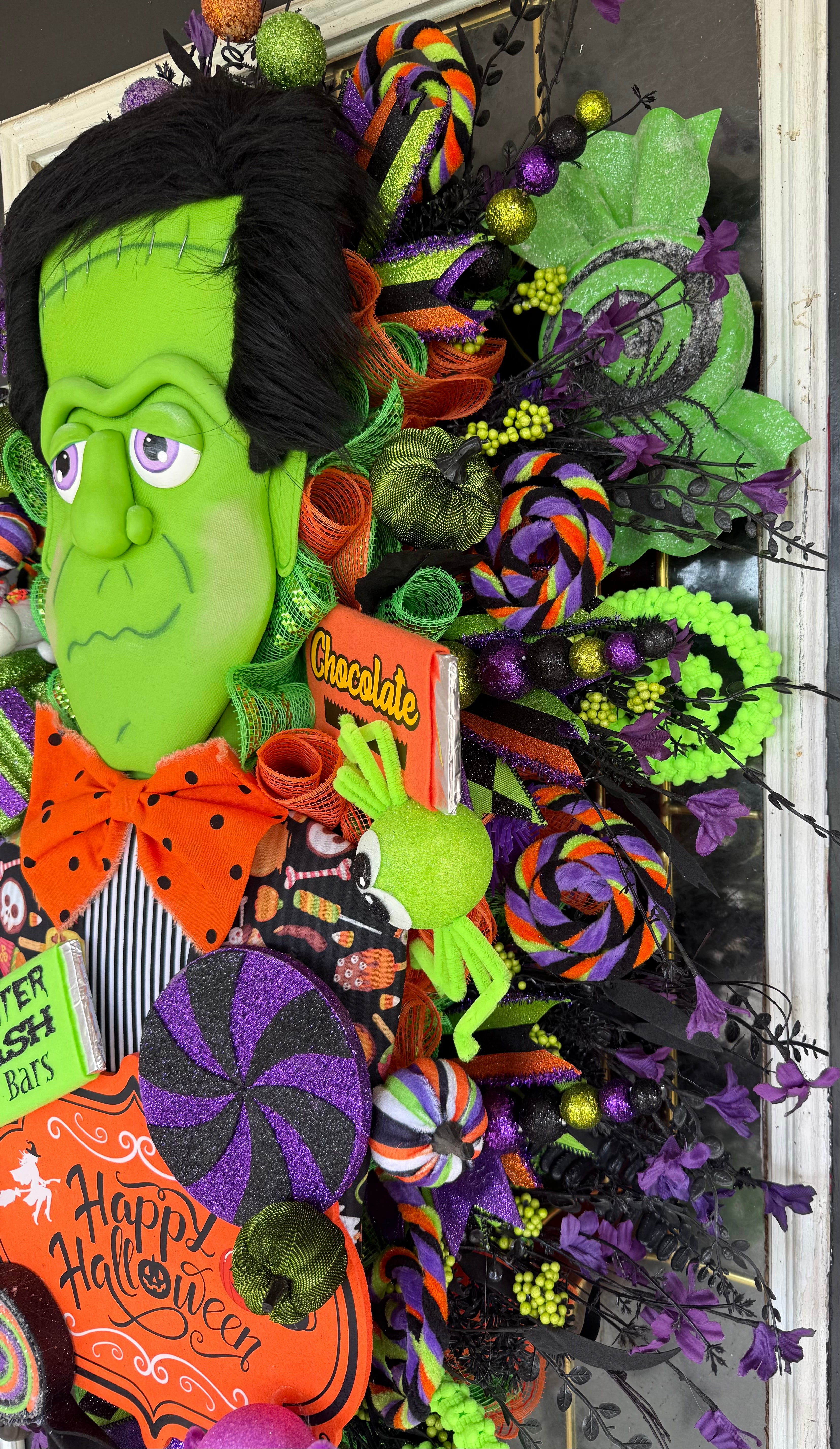 Luxury Frankenstein Halloween Door Hanger | Whimsical Candy Monster Mesh Wreath | One-of-a-Kind Halloween Decor