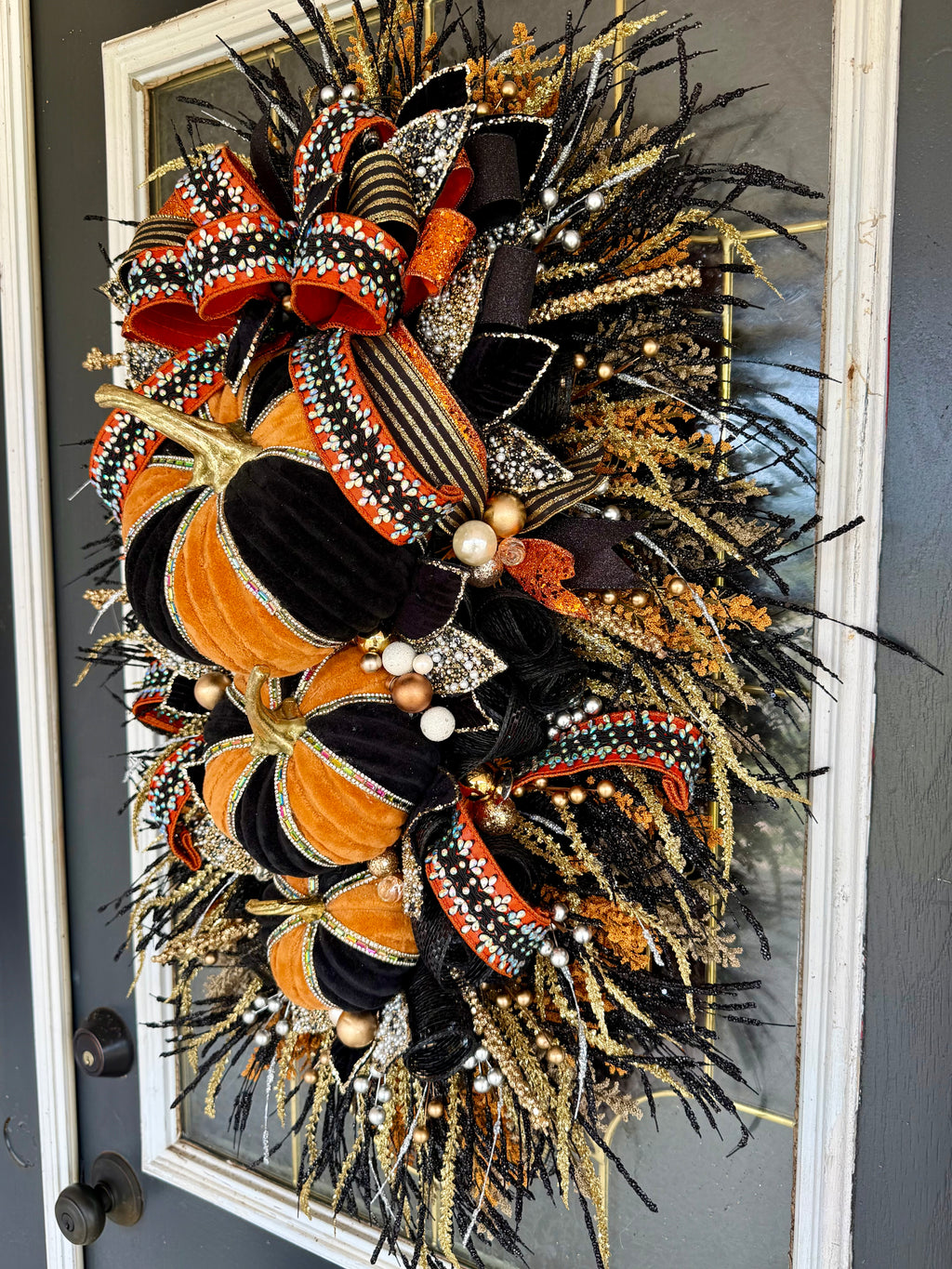 15. Luxury Black & Orange Halloween Door Swag – Handmade Halloween Wreath Alternative