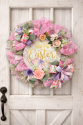 Happy Easter Spring Wreath – Pastel Easter Door Wreath – Pink Spring Front Door Decor – Farmhouse Easter Wreath – Large Easter Wreath